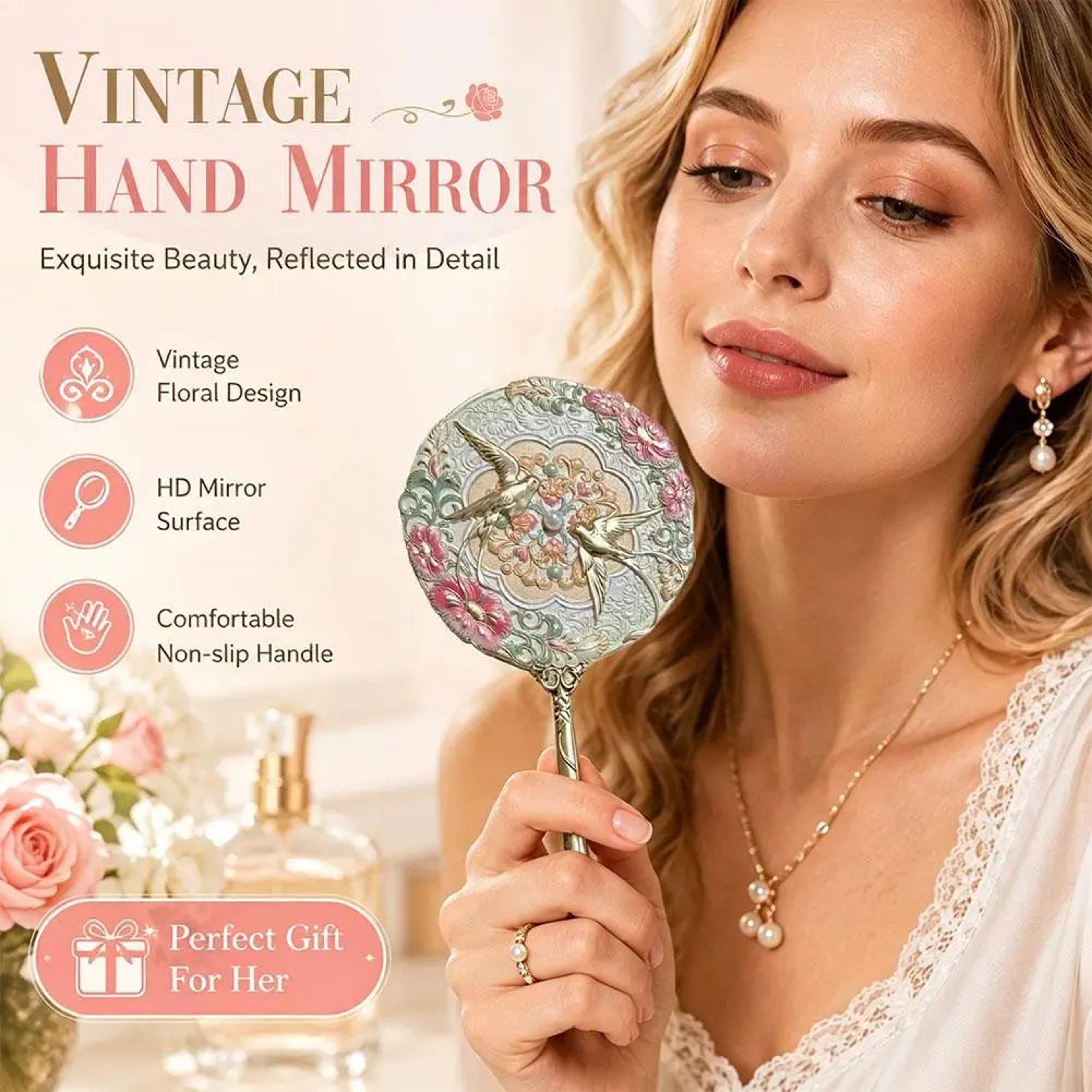 Vintage Chinese Style Handheld Mirror  78 In Floral Swallow Relief Pocket Makeup Mirror With Metal  5