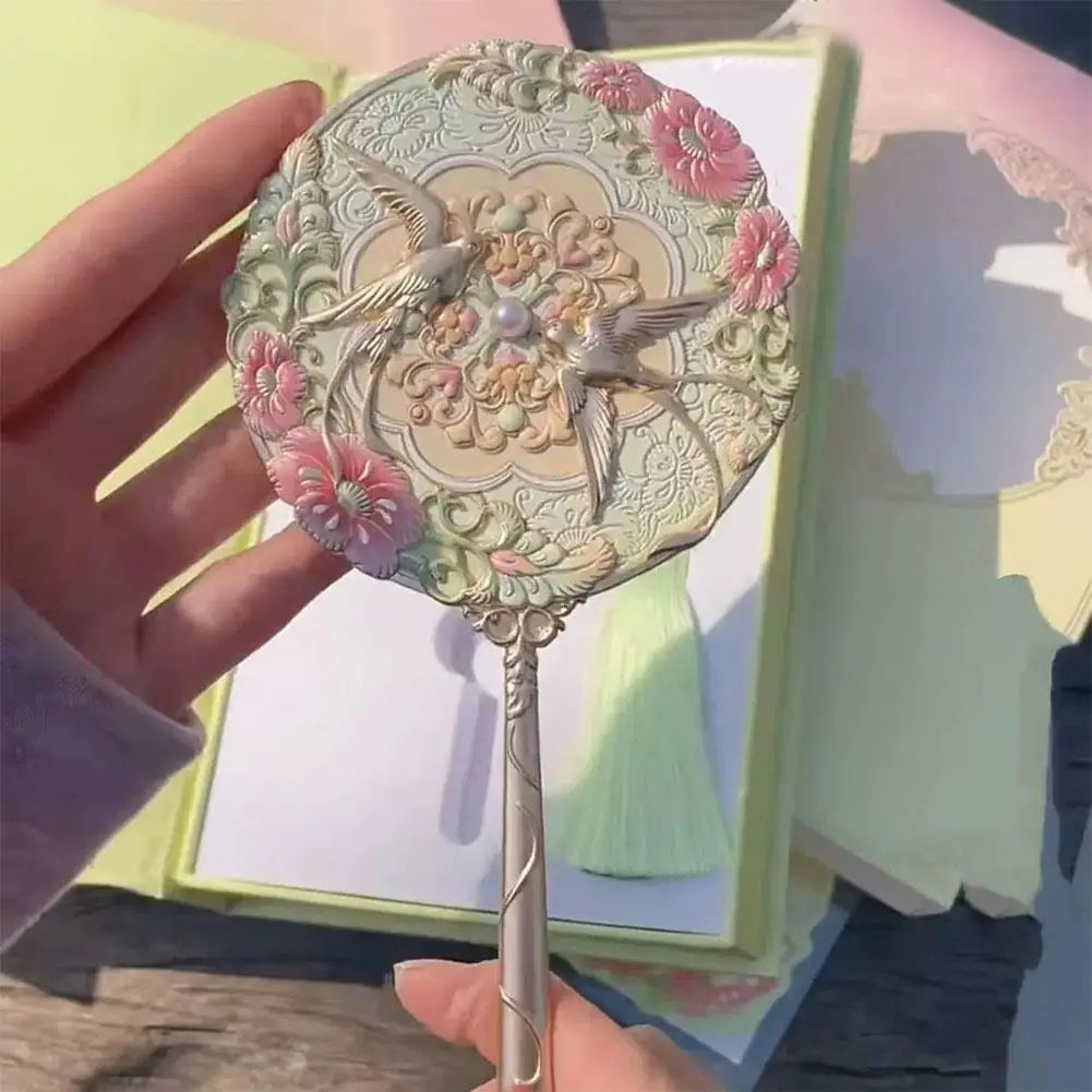 Vintage Chinese Style Handheld Mirror  78 In Floral Swallow Relief Pocket Makeup Mirror With Metal  2