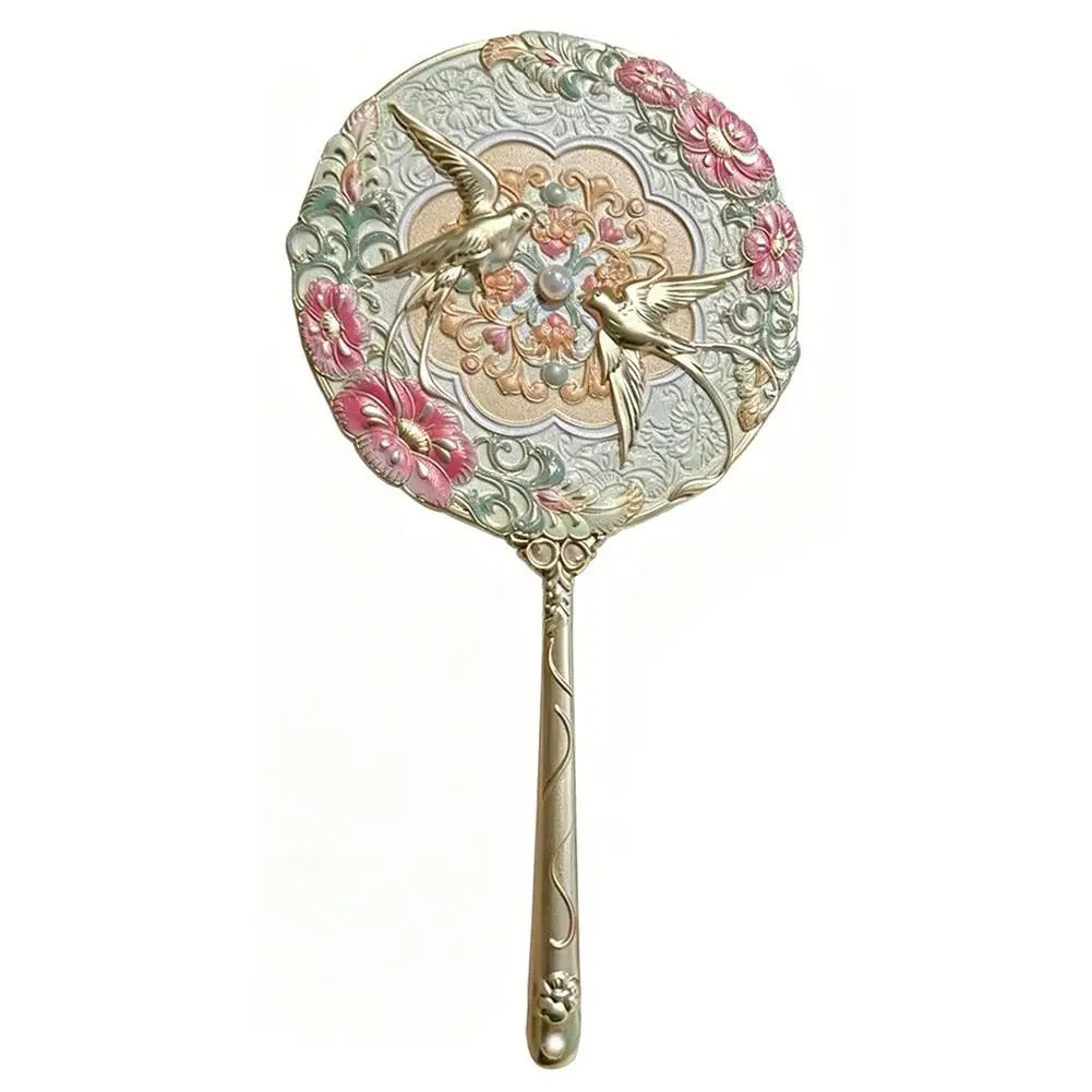 Vintage Chinese Style Handheld Mirror  78 In Floral Swallow Relief Pocket Makeup Mirror With Metal  6
