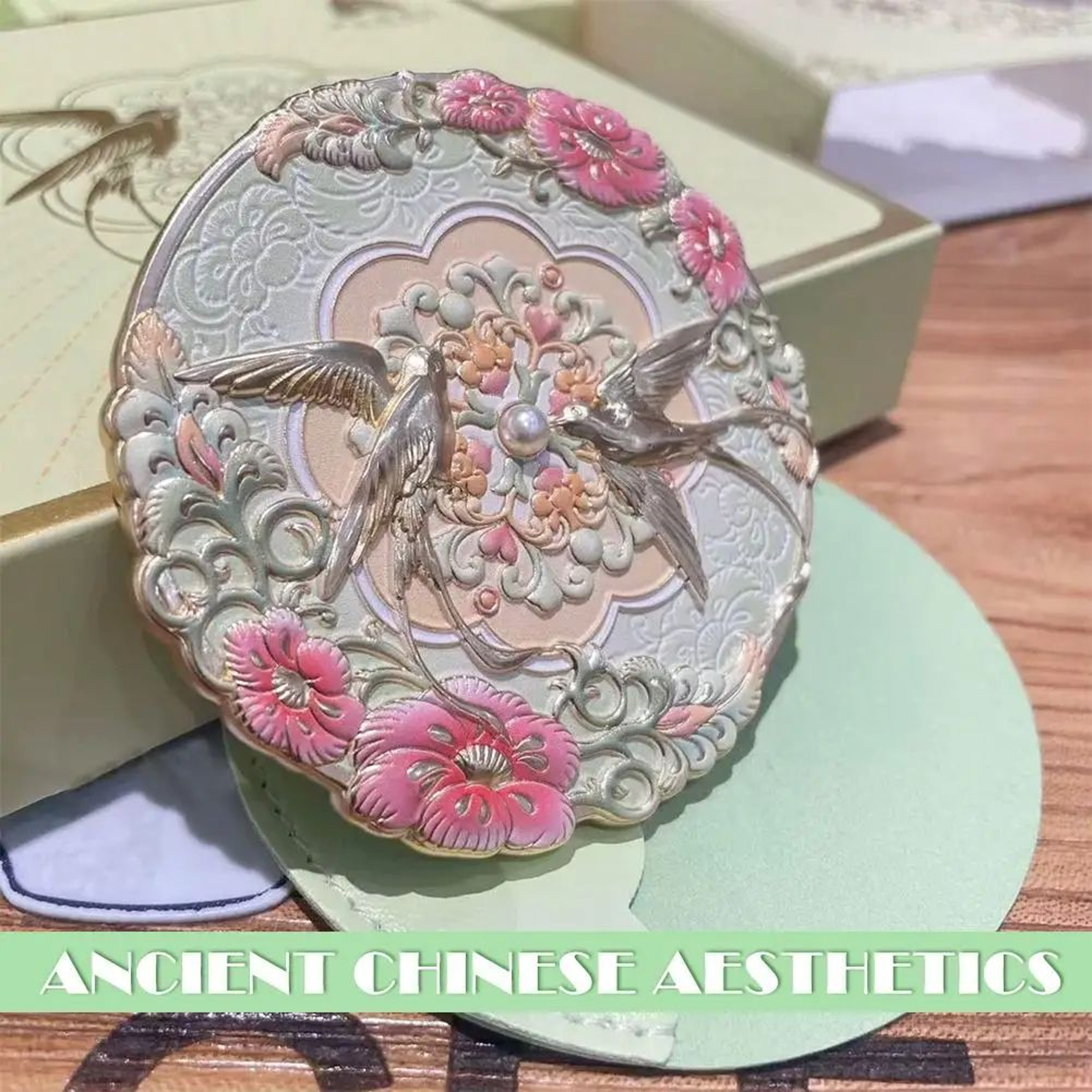 Vintage Chinese Style Pocket Makeup Mirror  Portable Peony Floral Xian Yunque Mini Cosmetic Mirror  1
