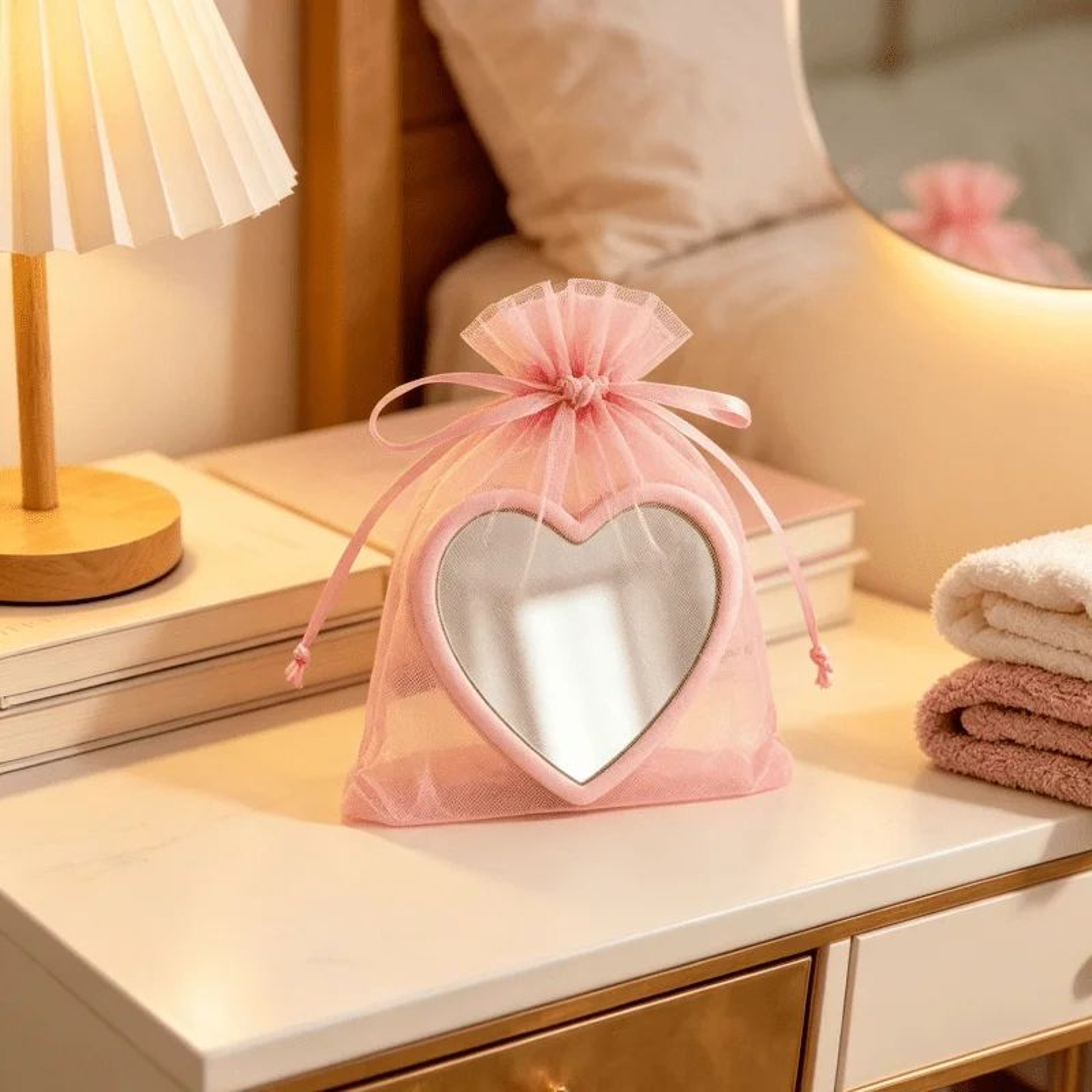 30pcs HeartShaped Mini Mirrors  Portable Compact Handheld Makeup Mirrors With Pink Storage Bag For  5