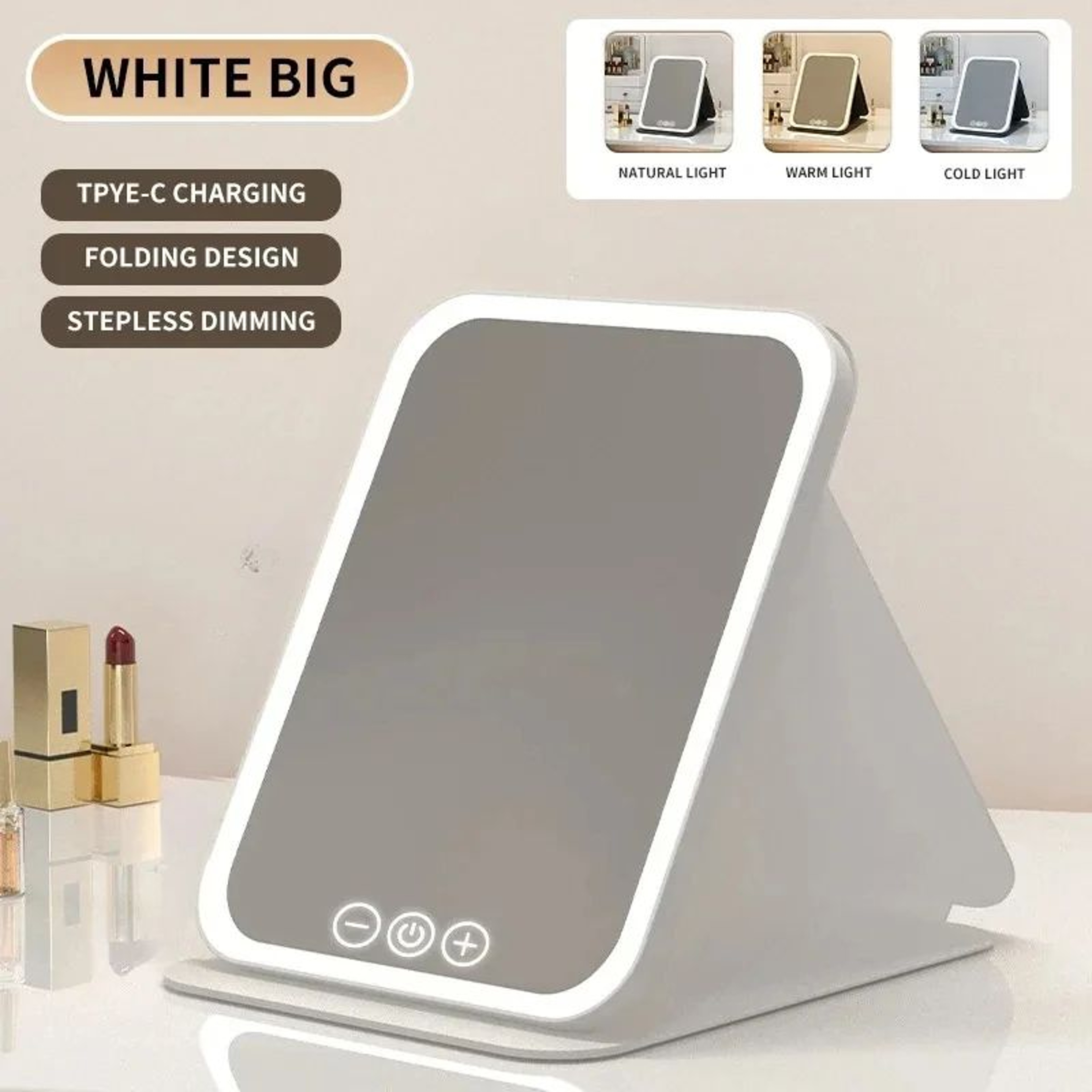 Rechargeable LED Makeup Mirror  3Color Dimmable Touch Screen Foldable Lighted Vanity Mirror For Tra 11