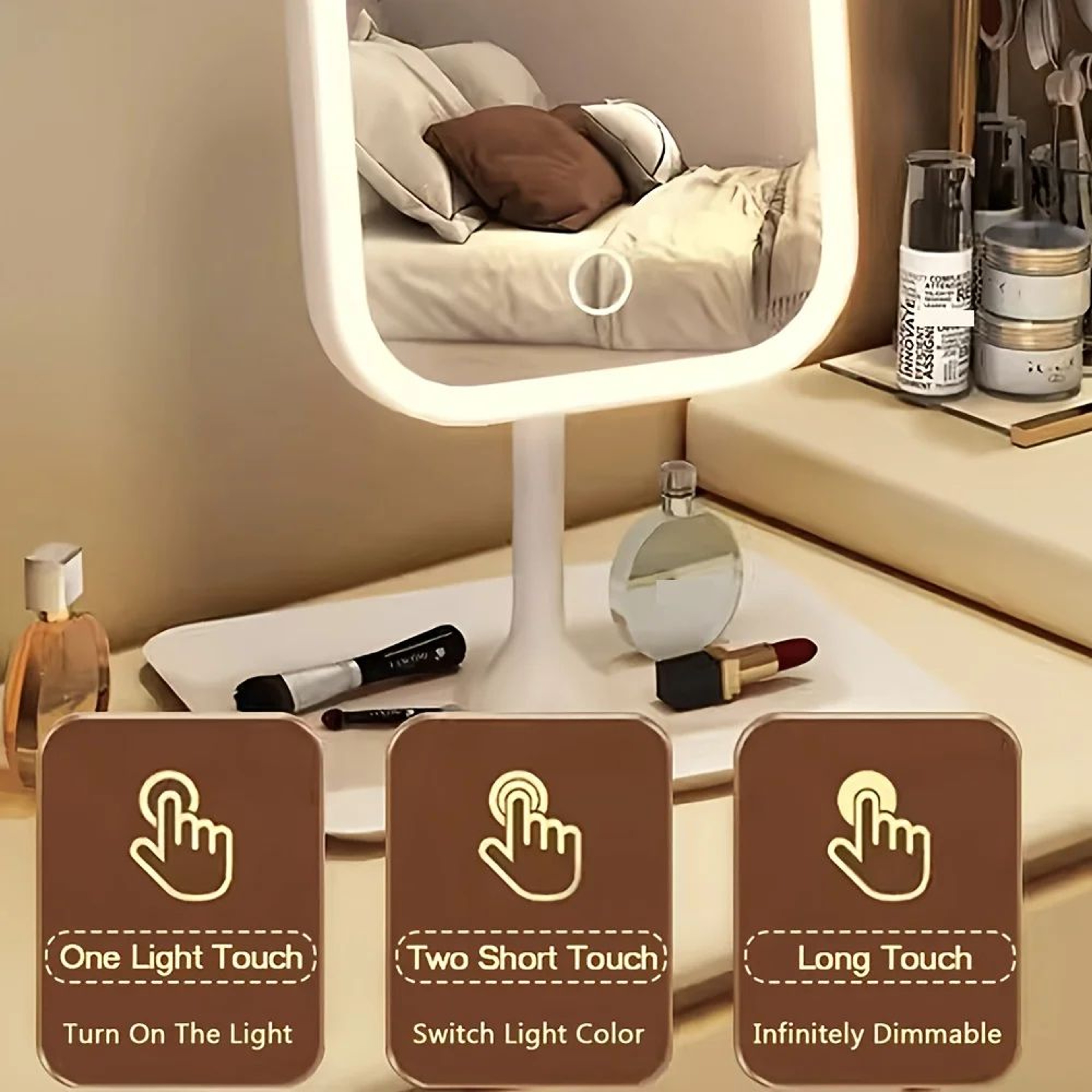 Rechargeable LED Makeup Mirror  Touch Control 3 Light Modes Adjustable Brightness Desktop Vanity Mi 4