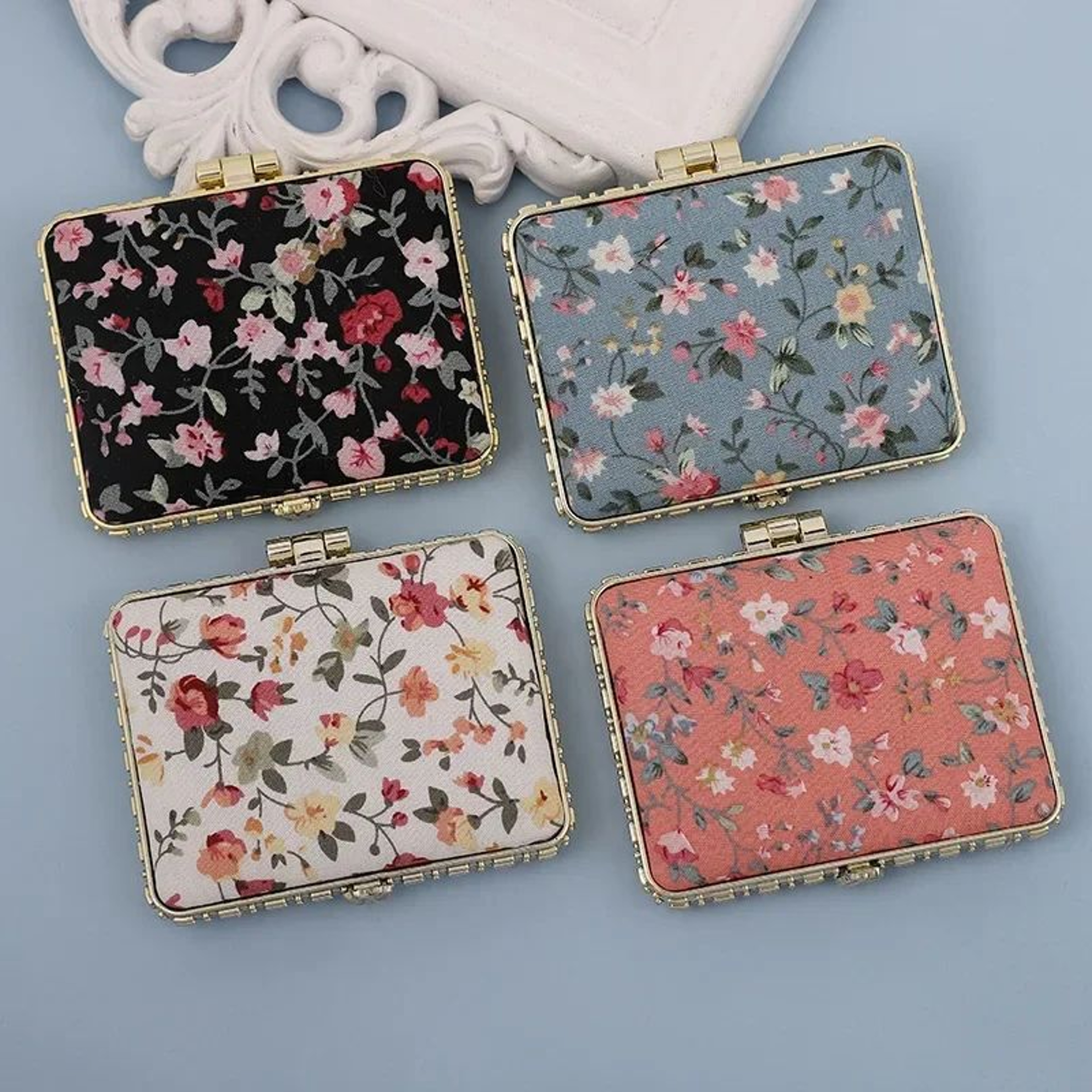 Vintage Floral Pocket Makeup Mirror  Portable DoubleSided Folding Compact Cosmetic Mirror For Women