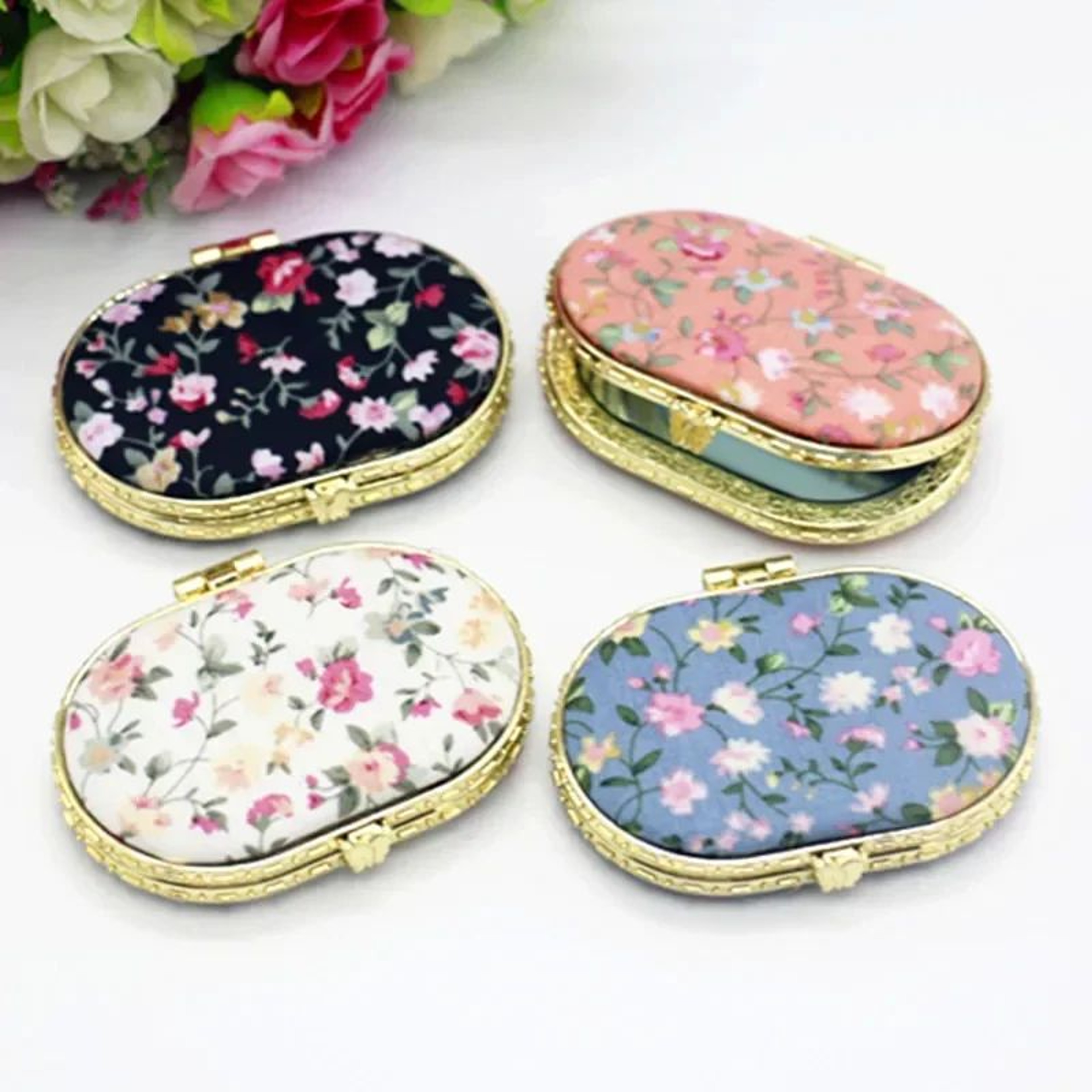 Vintage Floral Pocket Makeup Mirror  Portable DoubleSided Folding Compact Cosmetic Mirror For Women 12