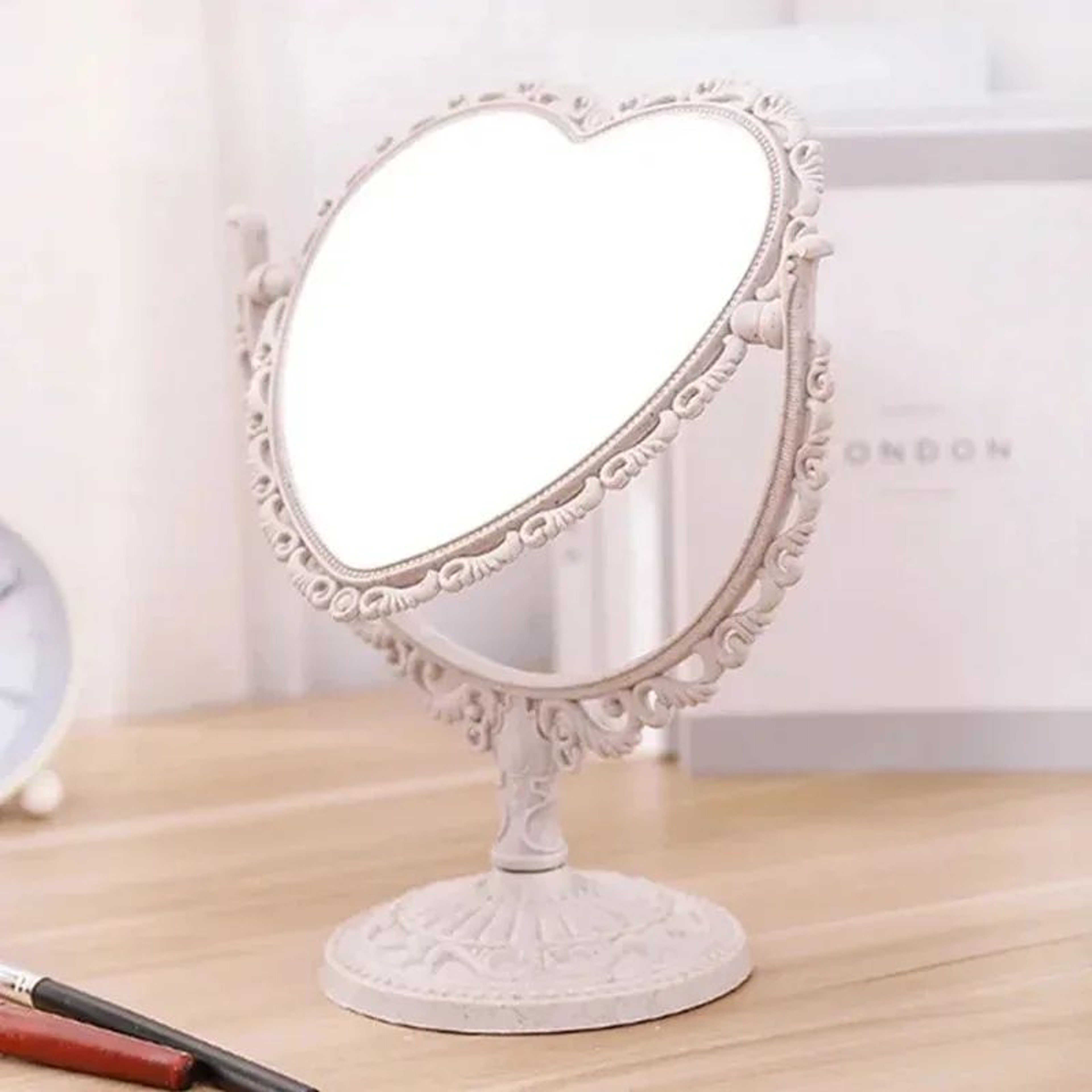 HeartShaped DoubleSided Makeup Mirror  1X Magnification Portable Desktop Vanity Mirror With Stable  2
