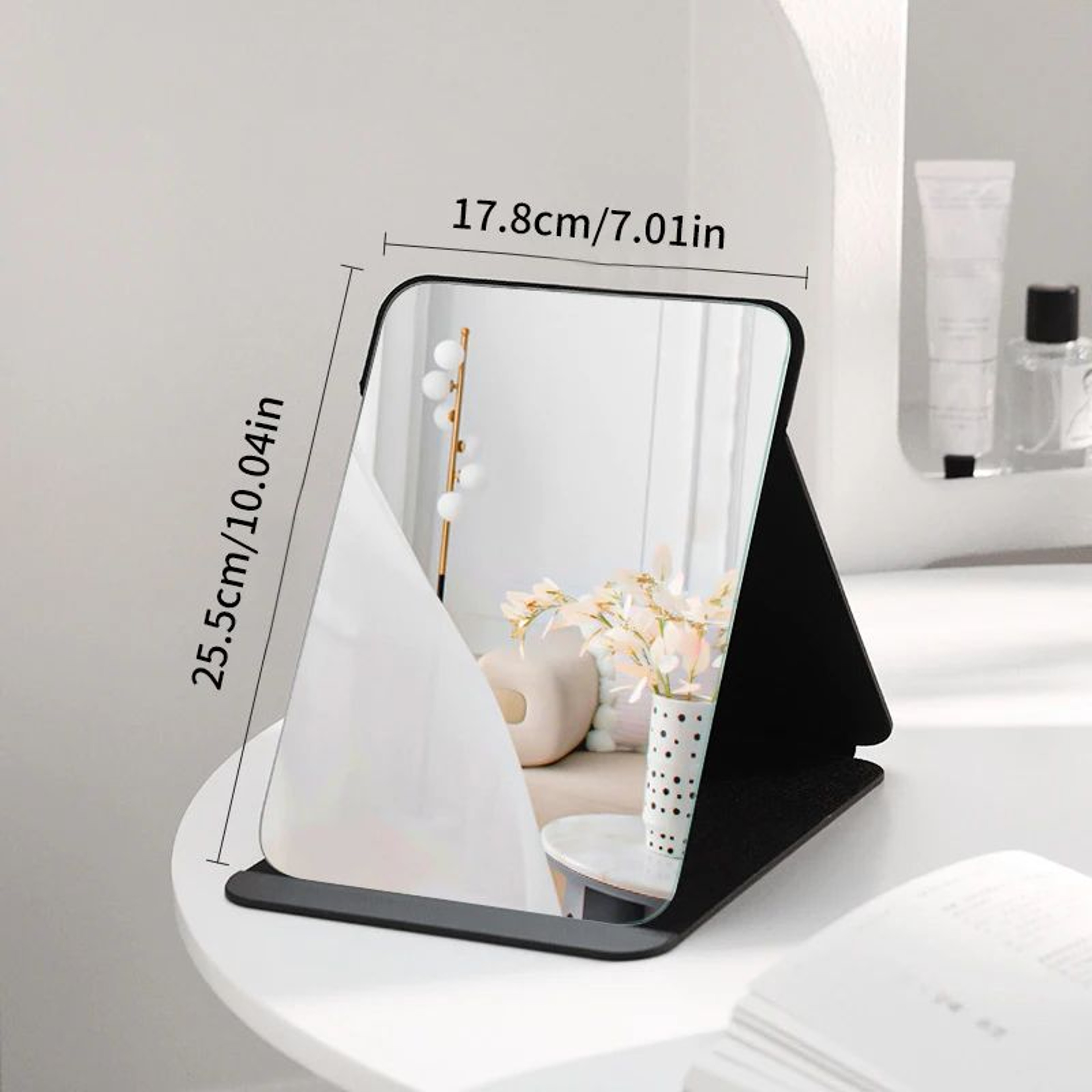 Portable PU Leather Folding Makeup Mirror  Compact Black Desktop Handheld Vanity Mirror For Travel  7