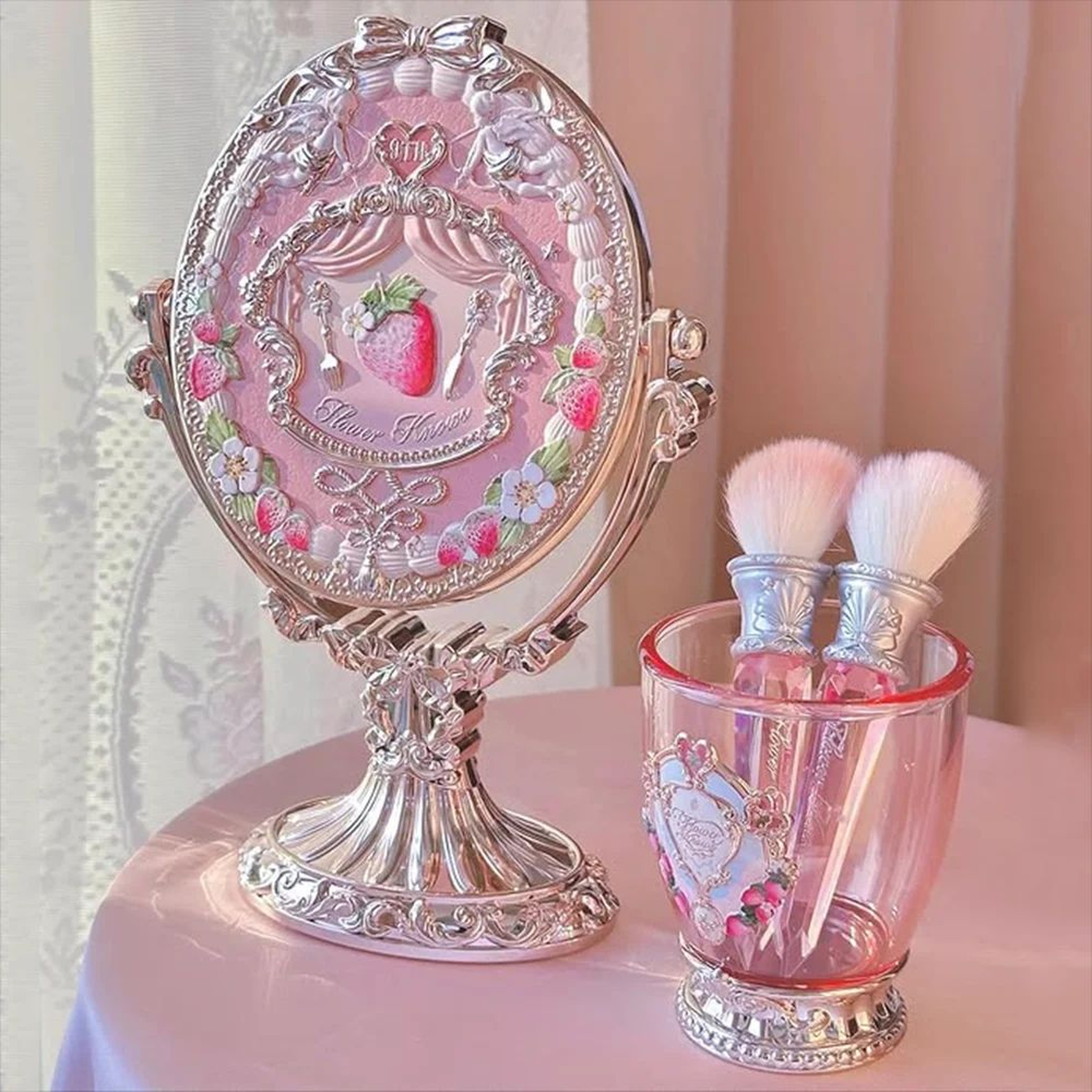 Flower Knows 9th Anniversary Vanity Mirror  Luxury Makeup Desk Set With Paddle Hair Brush  Acrylic  3