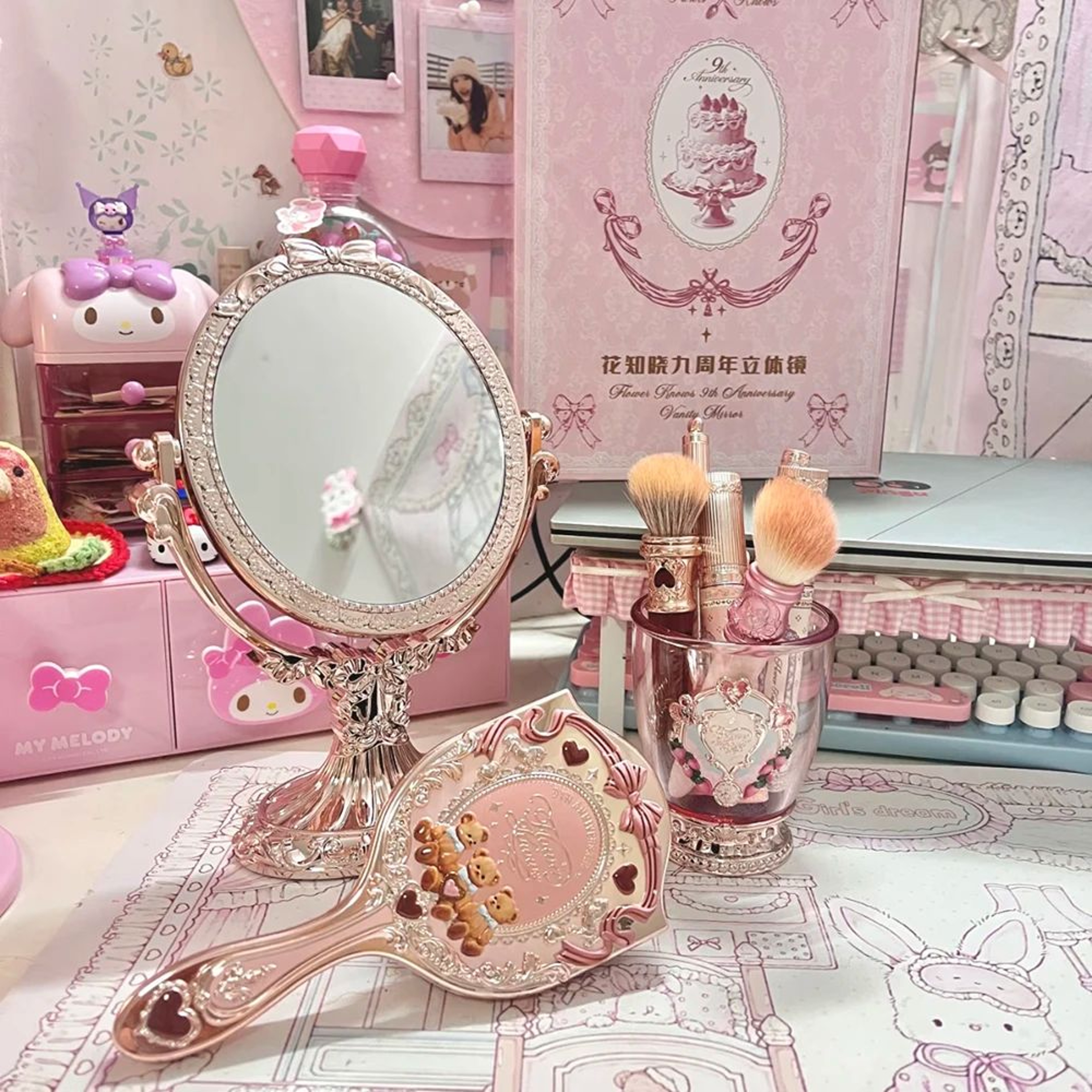 Flower Knows 9th Anniversary Vanity Mirror  Luxury Makeup Desk Set With Paddle Hair Brush  Acrylic  2