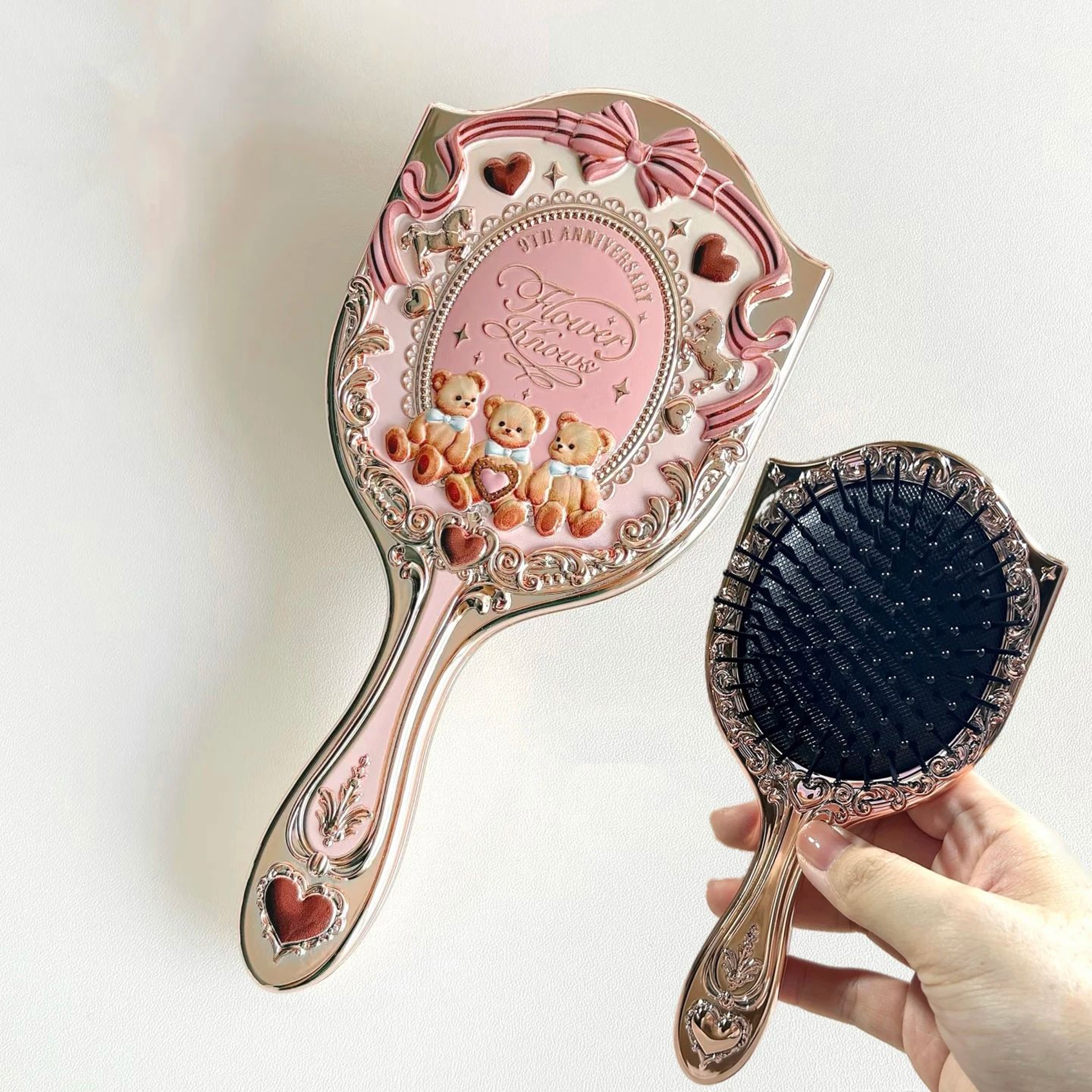Flower Knows 9th Anniversary Vanity Mirror  Luxury Makeup Desk Set With Paddle Hair Brush  Acrylic  4