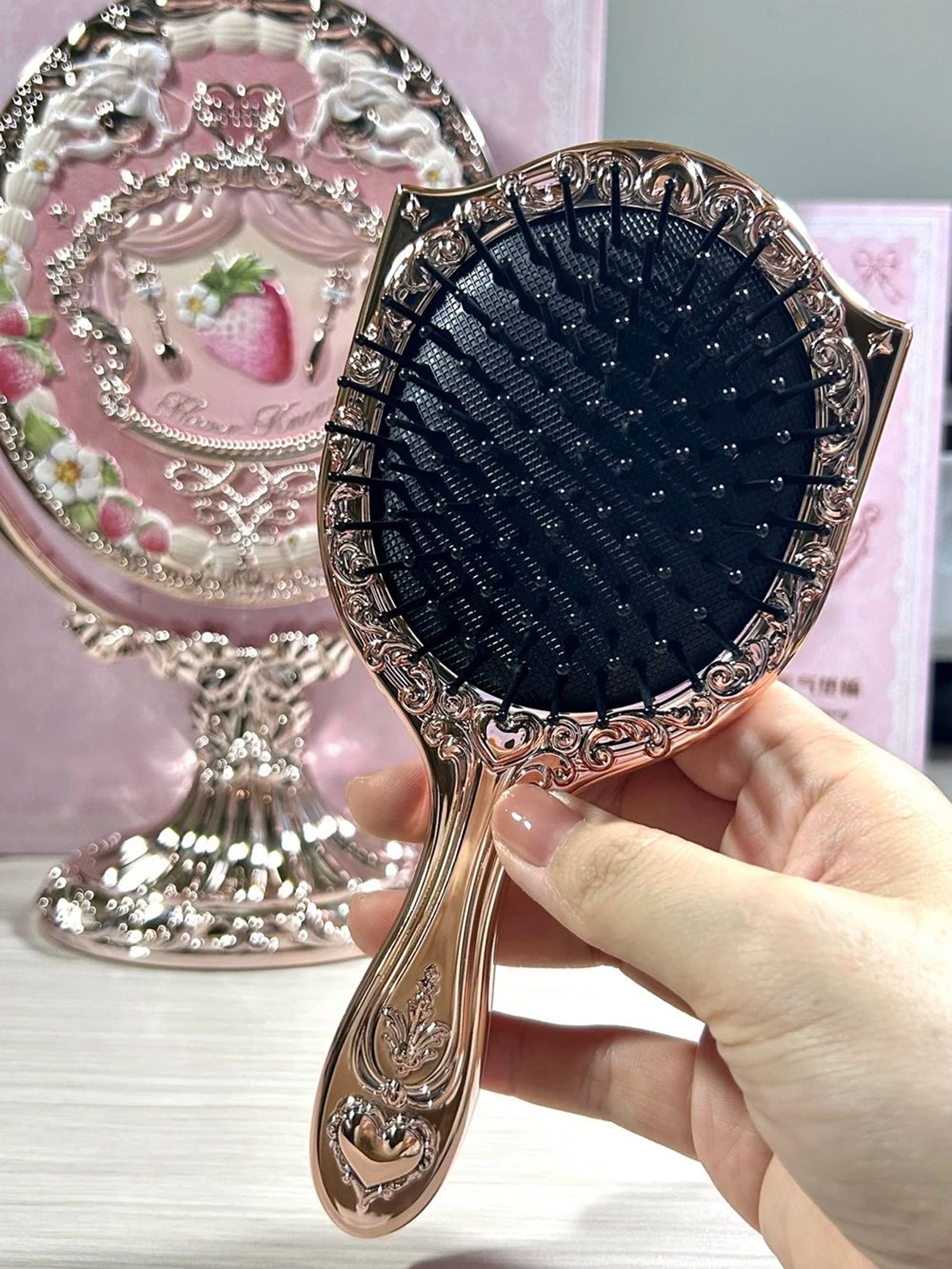 Flower Knows 9th Anniversary Vanity Mirror  Luxury Makeup Desk Set With Paddle Hair Brush  Acrylic  5
