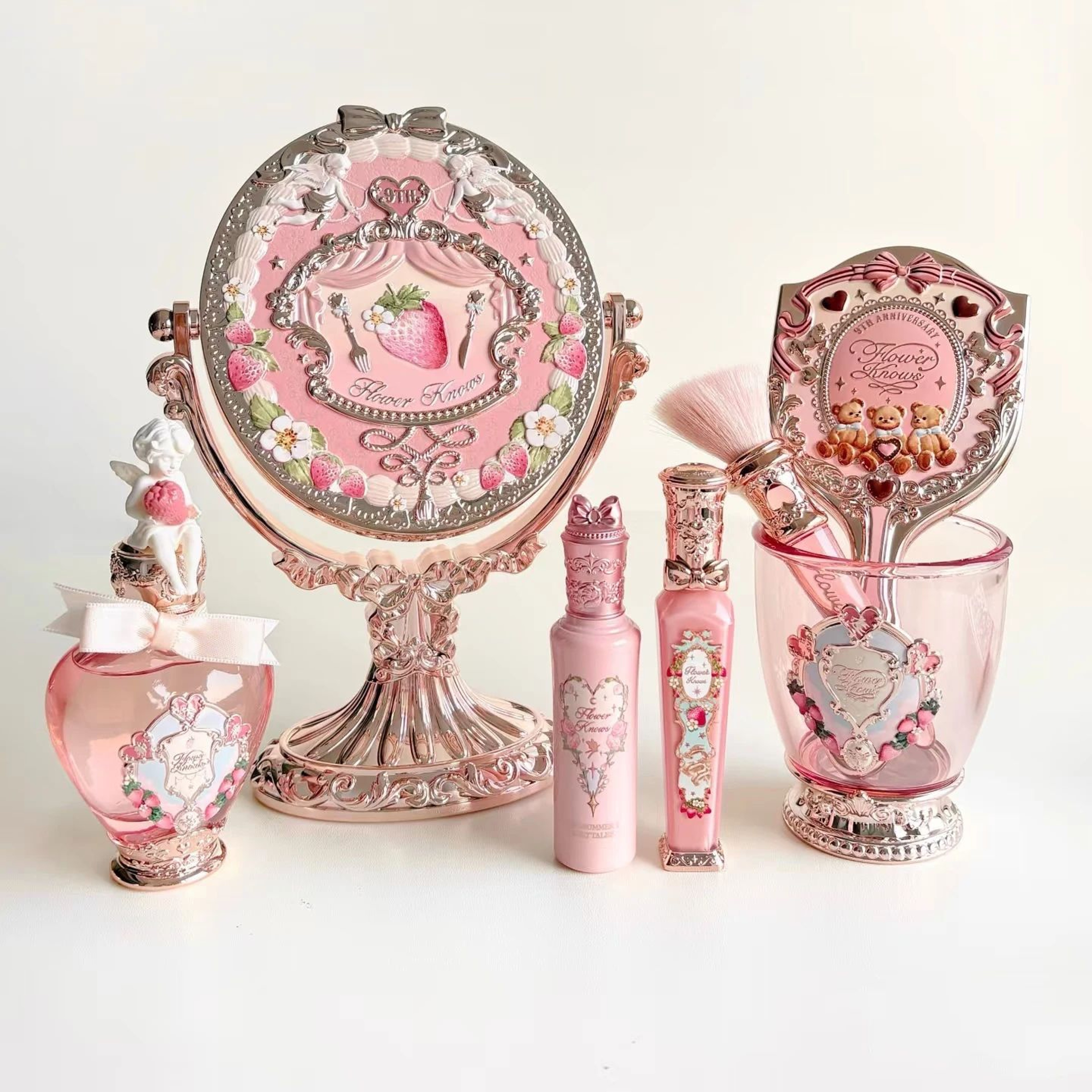 Flower Knows 9th Anniversary Vanity Mirror  Luxury Makeup Desk Set With Paddle Hair Brush  Acrylic  1