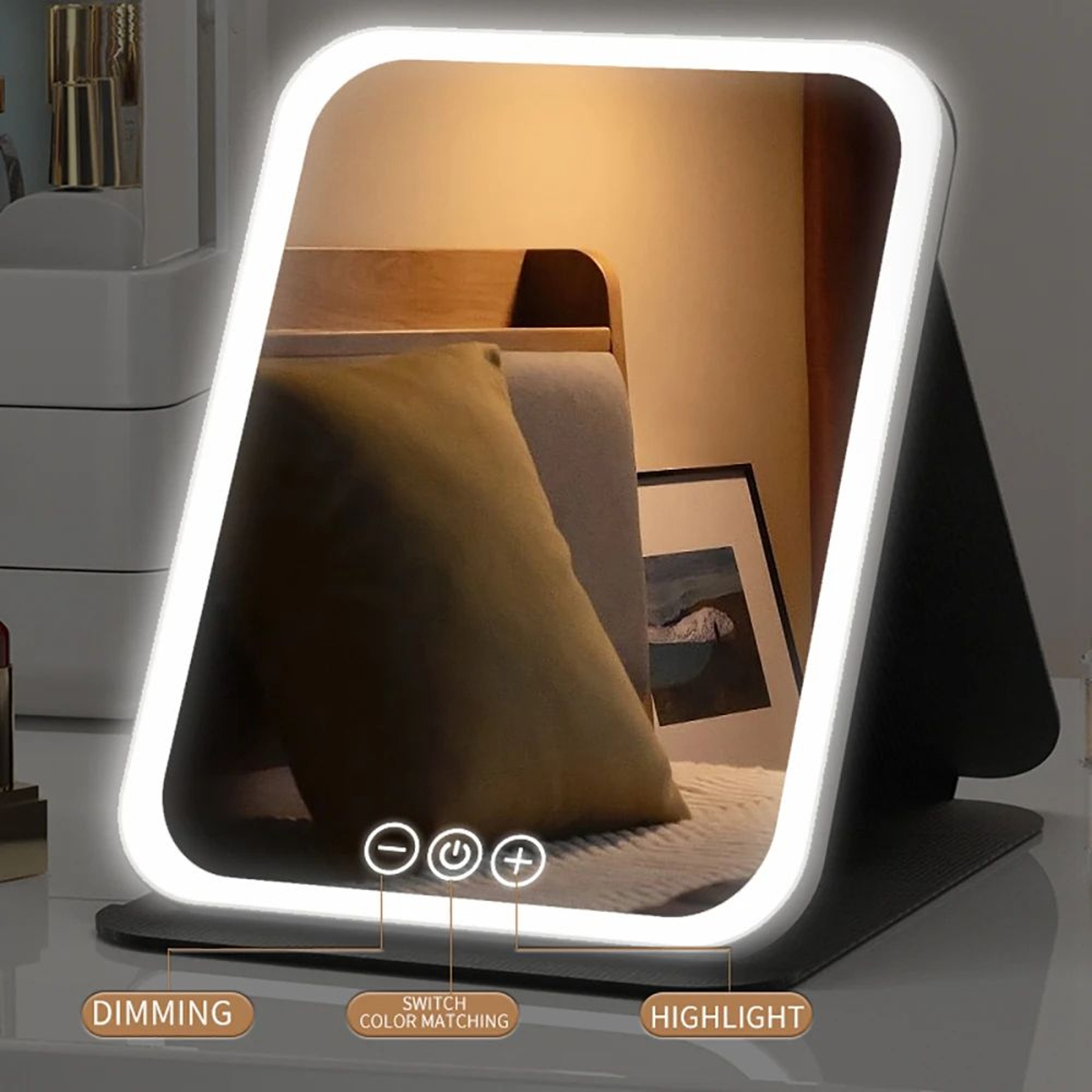 3 Color Dimmable LED Makeup Mirror  Rechargeable Foldable Touch Screen Vanity Mirror For Travel Hom 1