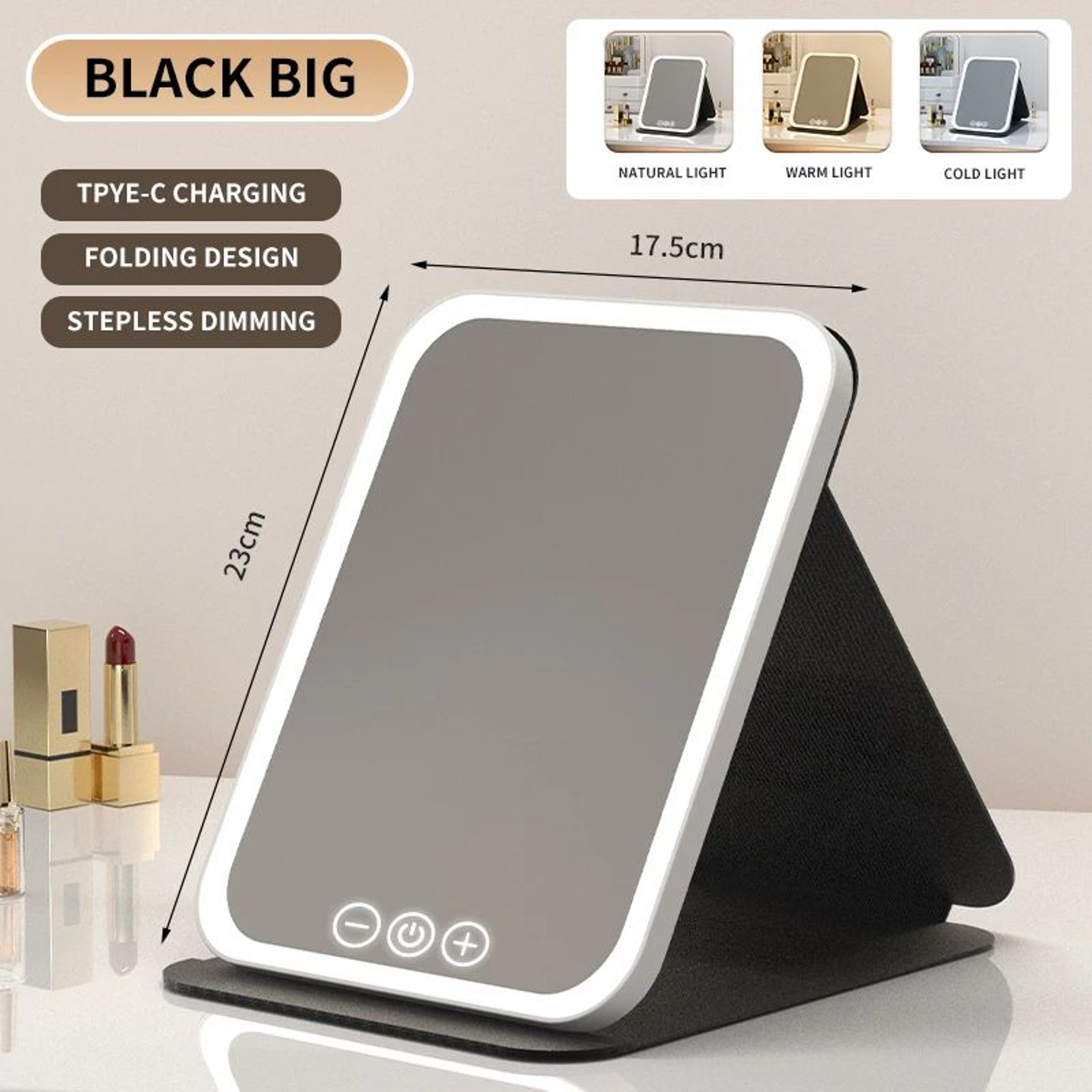 3 Color Dimmable LED Makeup Mirror  Rechargeable Foldable Touch Screen Vanity Mirror For Travel Hom 7