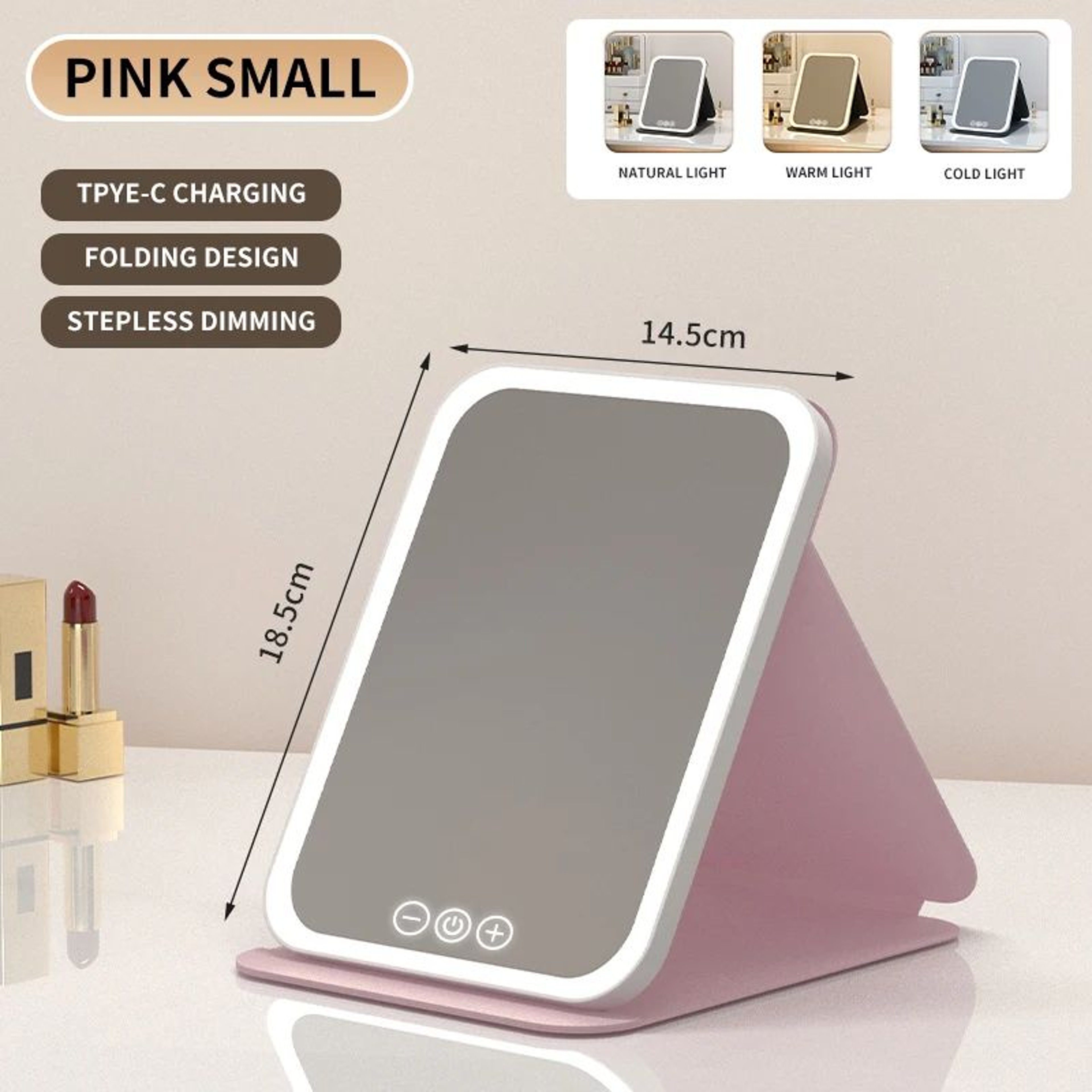 3 Color Dimmable LED Makeup Mirror  Rechargeable Foldable Touch Screen Vanity Mirror For Travel Hom 8
