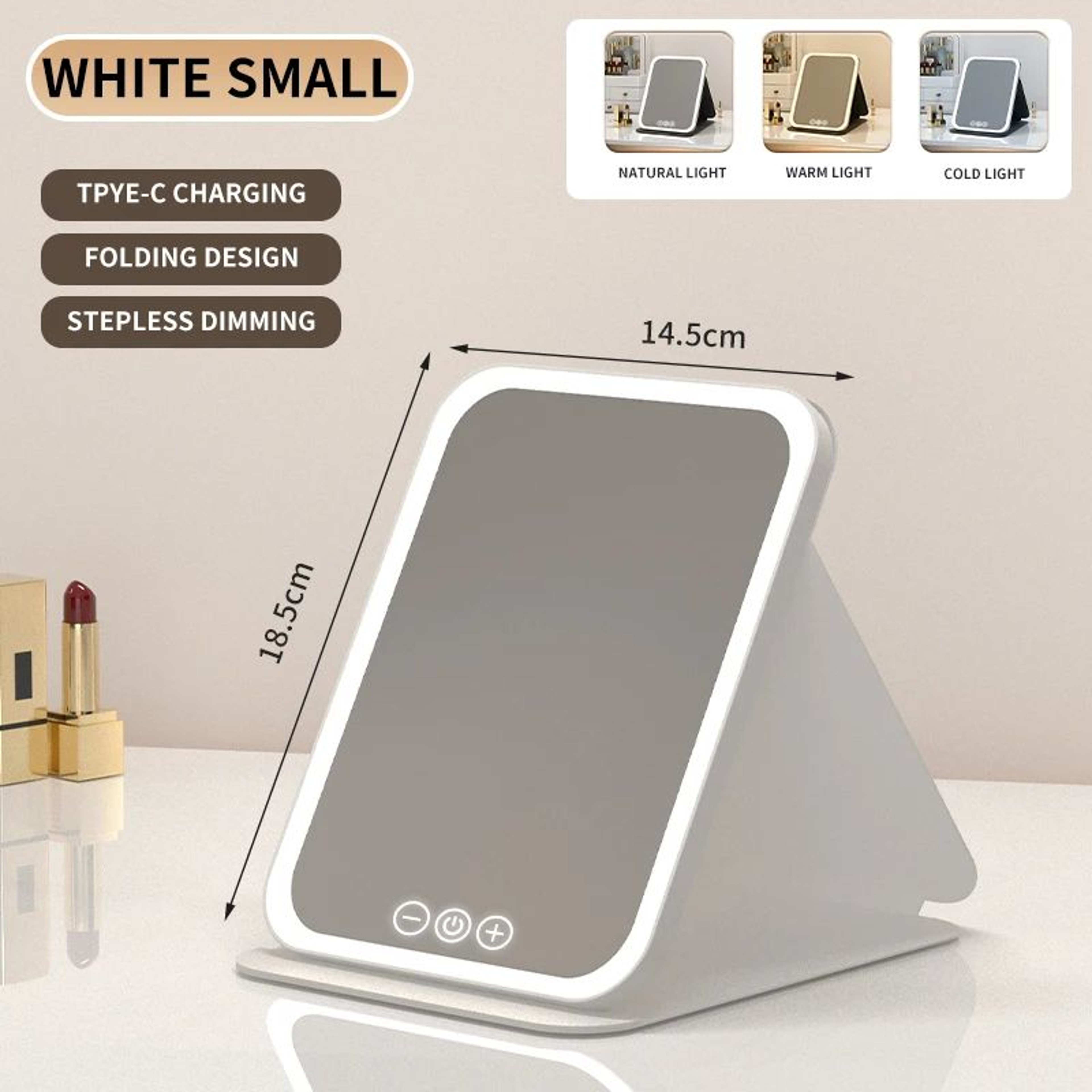 3 Color Dimmable LED Makeup Mirror  Rechargeable Foldable Touch Screen Vanity Mirror For Travel Hom 10