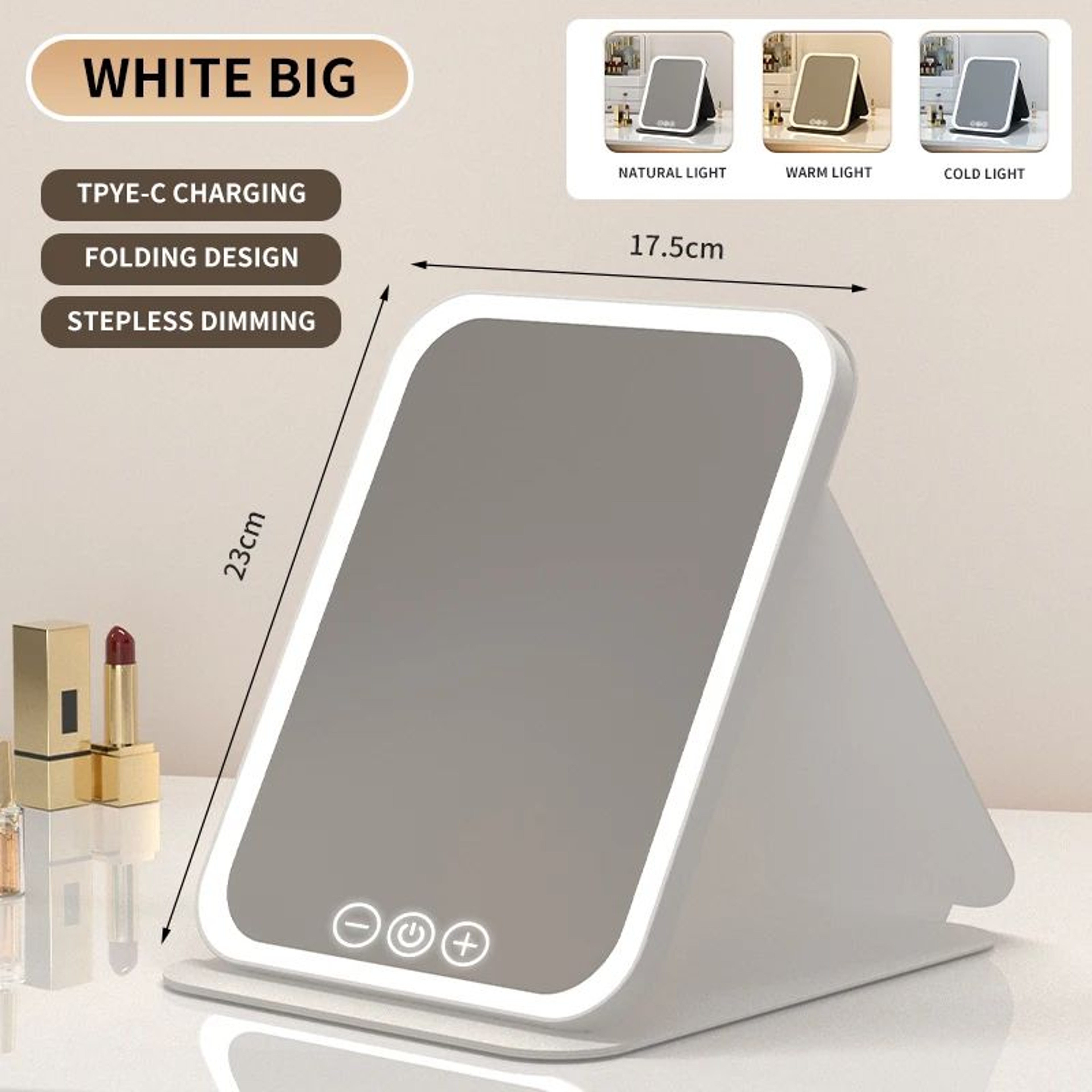 3 Color Dimmable LED Makeup Mirror  Rechargeable Foldable Touch Screen Vanity Mirror For Travel Hom 11