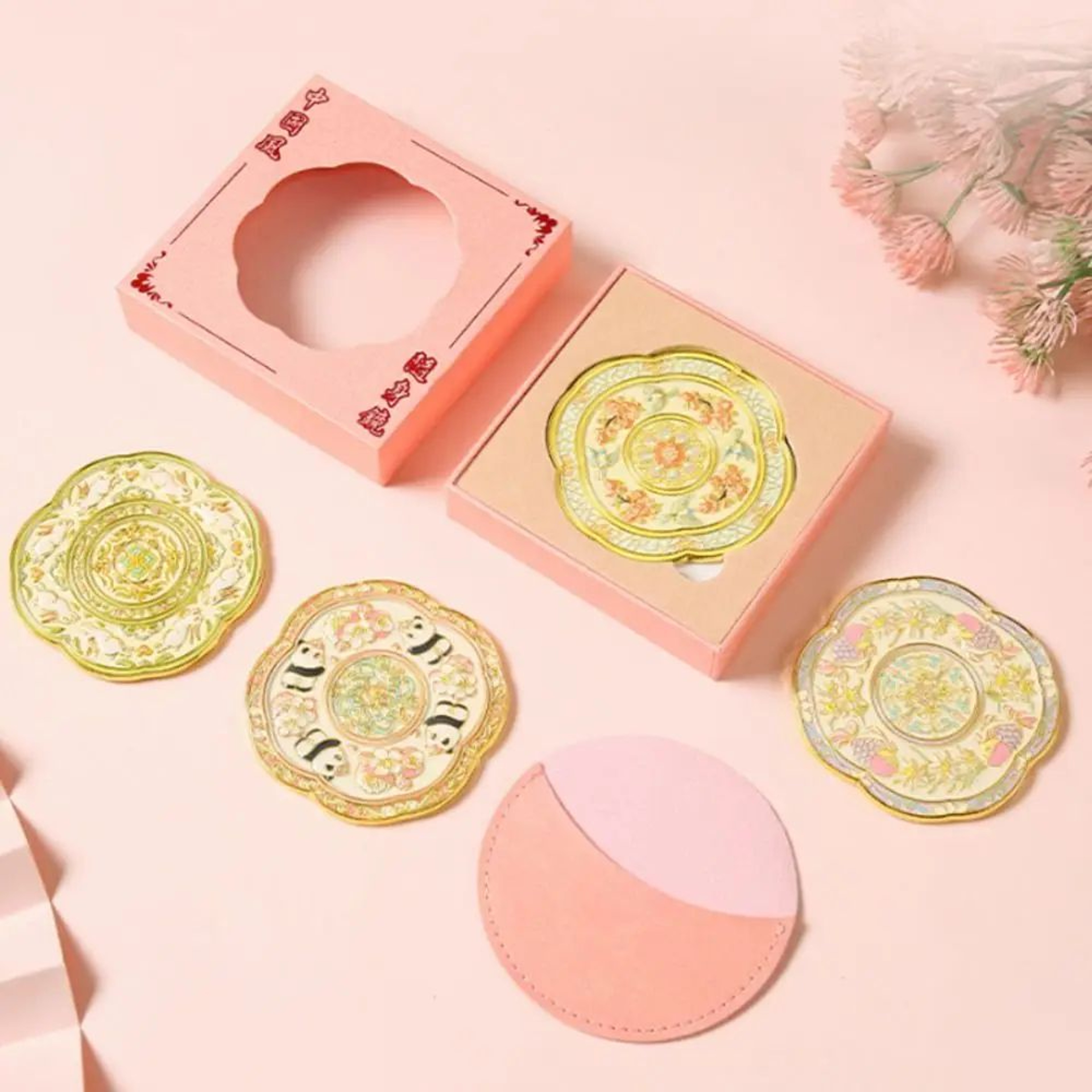 Chinese Style Pocket Mirror  Embossed Metal Handheld Makeup Mirror With Elegant Floral Pattern For  4