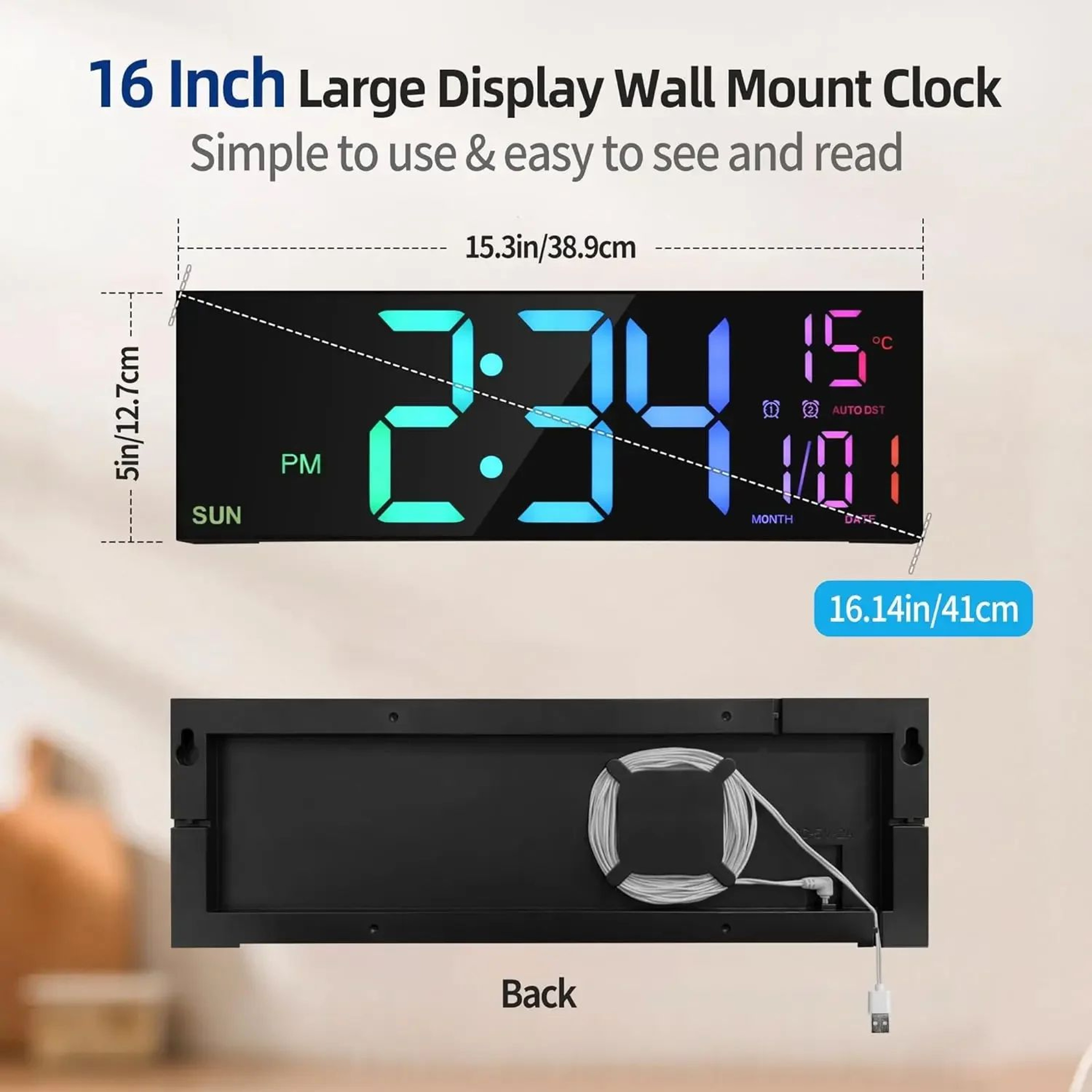 162 In Large Digital Wall Clock  Jumbo LED Display Dual Alarm Remote Control 8 RGB Colors Auto Dimm 1