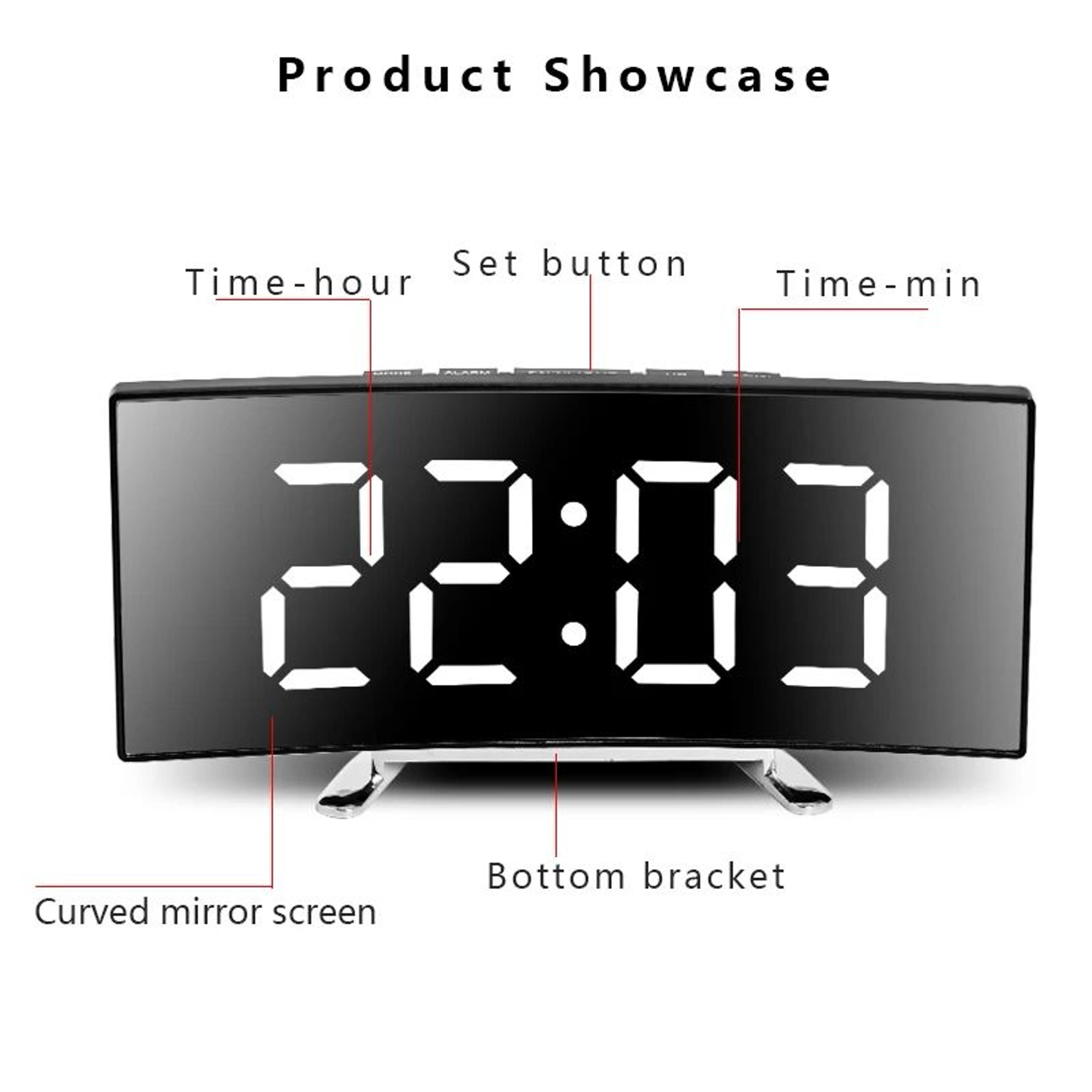 Curved LED Mirror Alarm Clock  Large Digital Display With Snooze PlugIn  Battery Backup For Bedroom 2