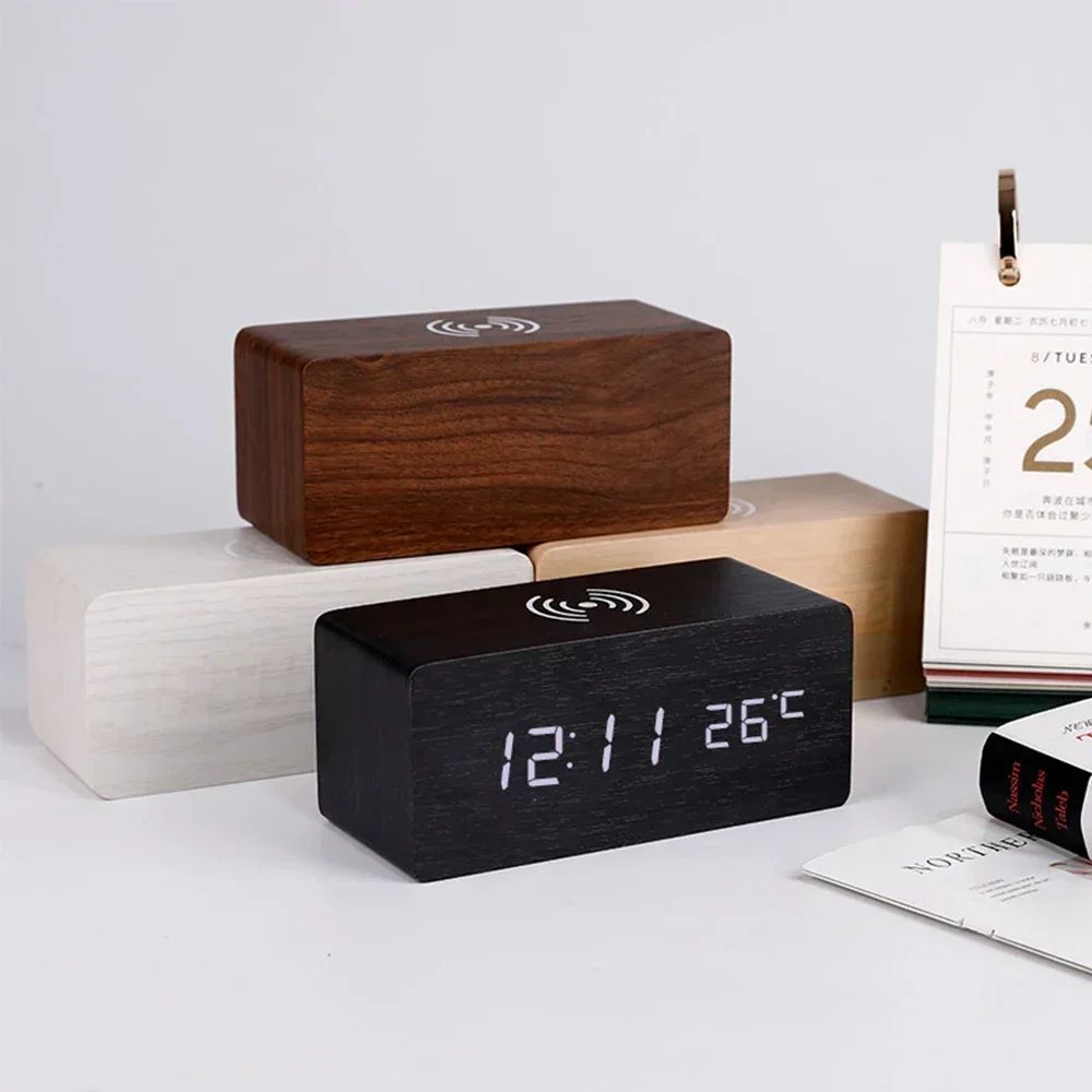 Wooden LED Alarm Clock  Qi Wireless Charging Digital Desk Clock With Thermometer 3 Alarms  Adjustab 2