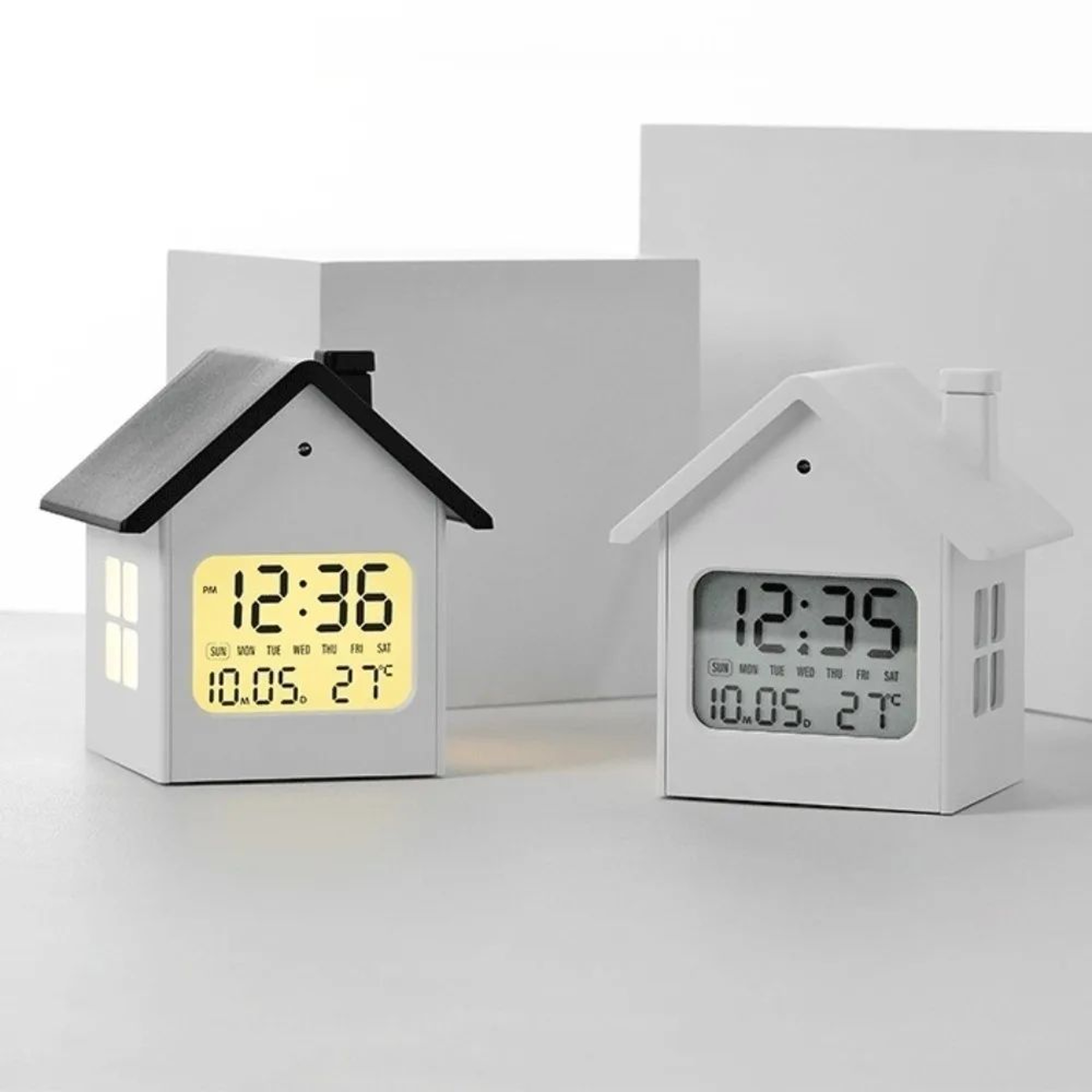 House Shape Digital Alarm Clock  LCD Time Date Week Temperature Display With Snooze Soft Backlight  1