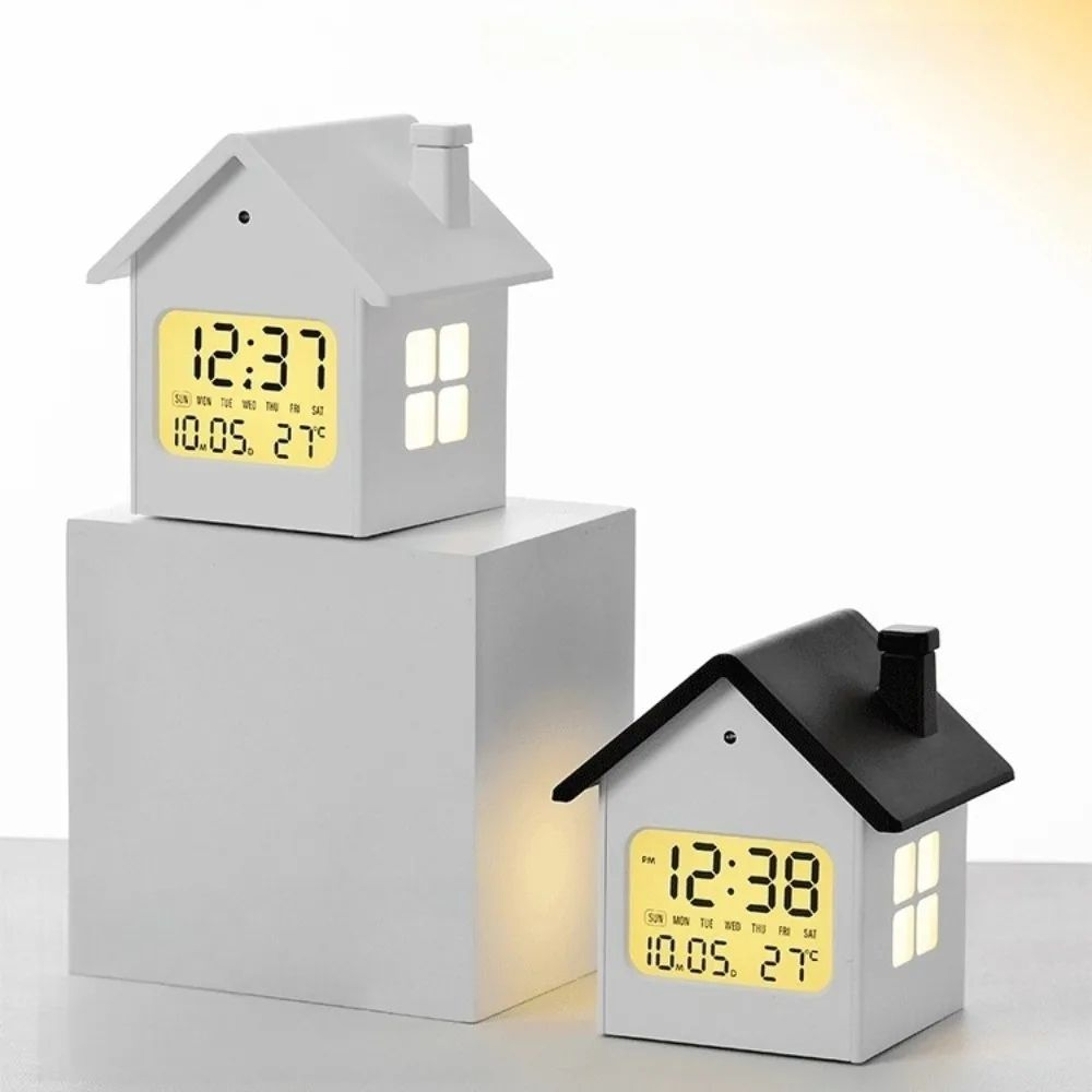 House Shape Digital Alarm Clock  LCD Time Date Week Temperature Display With Snooze Soft Backlight  3