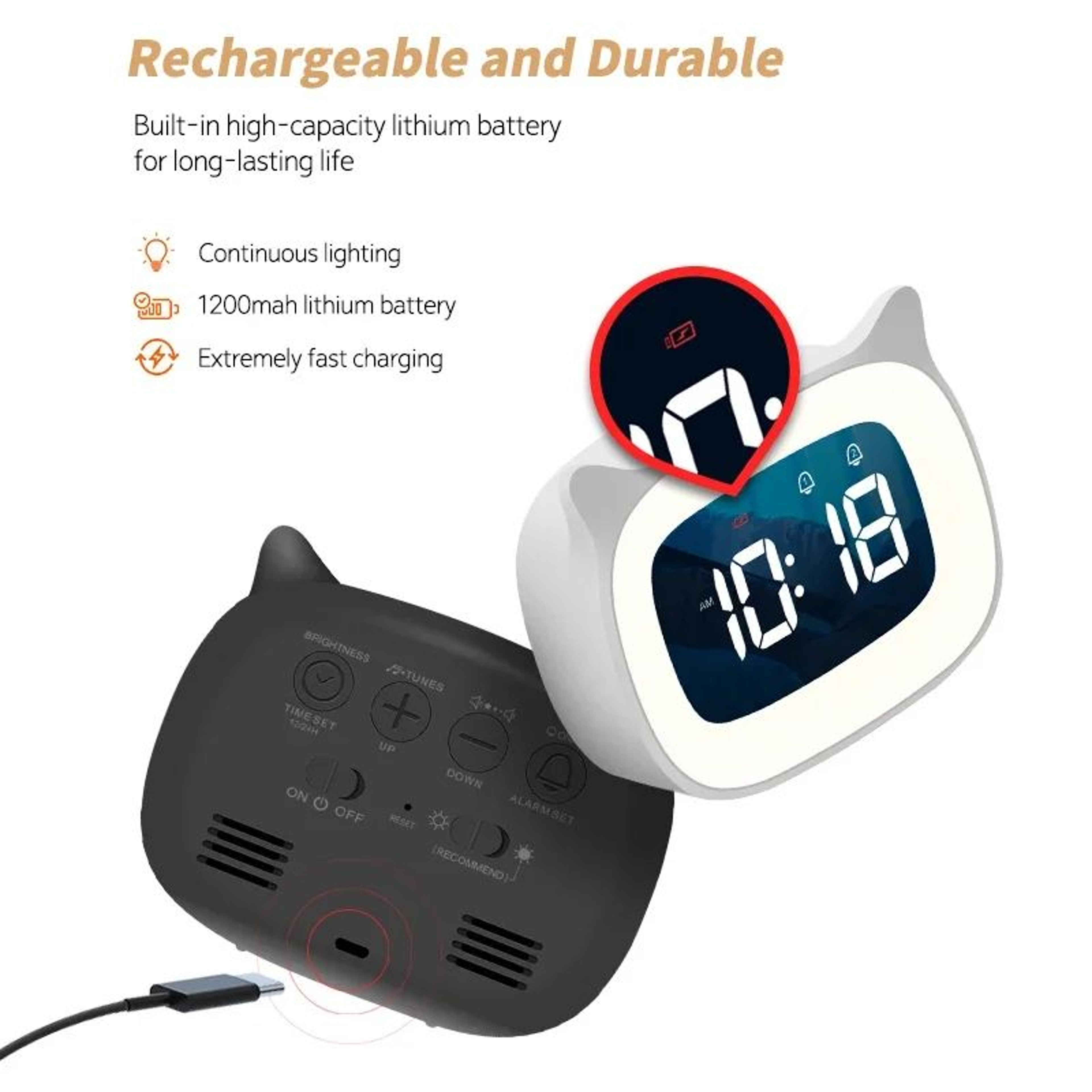 Cartoon LED Music Alarm Clock  USB Rechargeable Voice Control Night Light With Dual Alarms For Bedr 5
