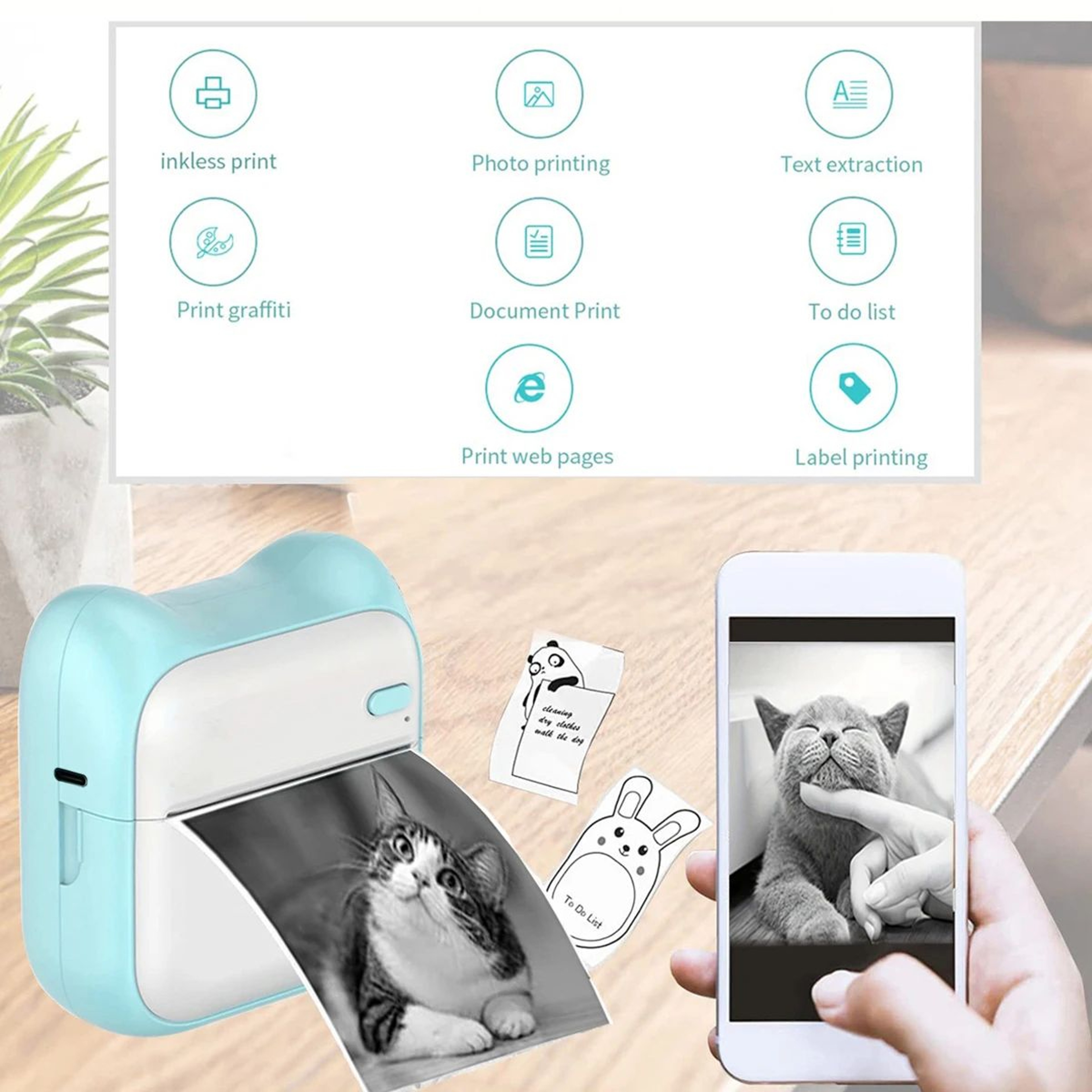 Mini Pocket Printer  Compact Wireless Inkless Thermal Sticker Printing For IPhone  Android Apps Hom