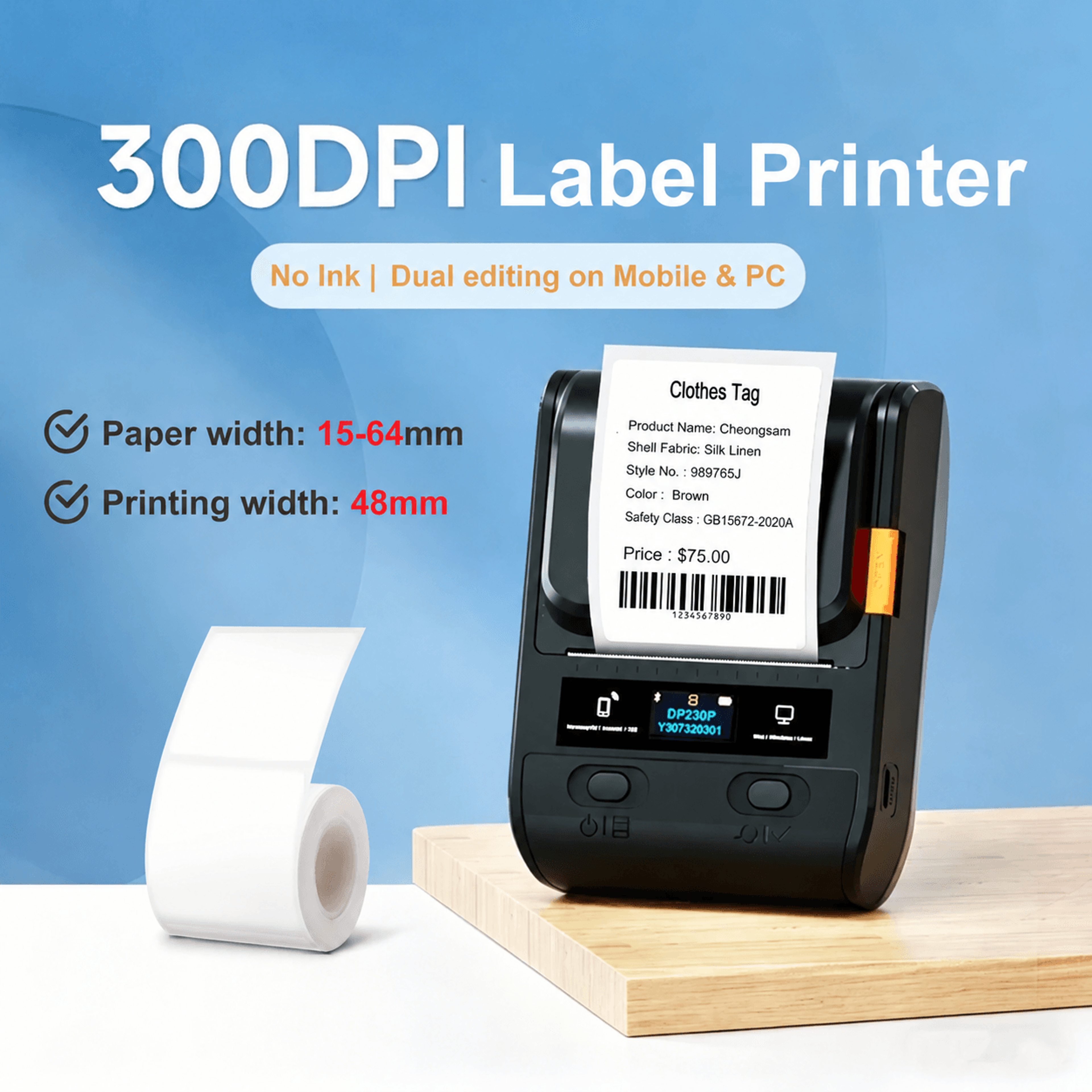 Wireless Label Printer  DP230SDP30S 300 DPI Bluetooth Barcode Maker With WePrint For Android IOS  W 0