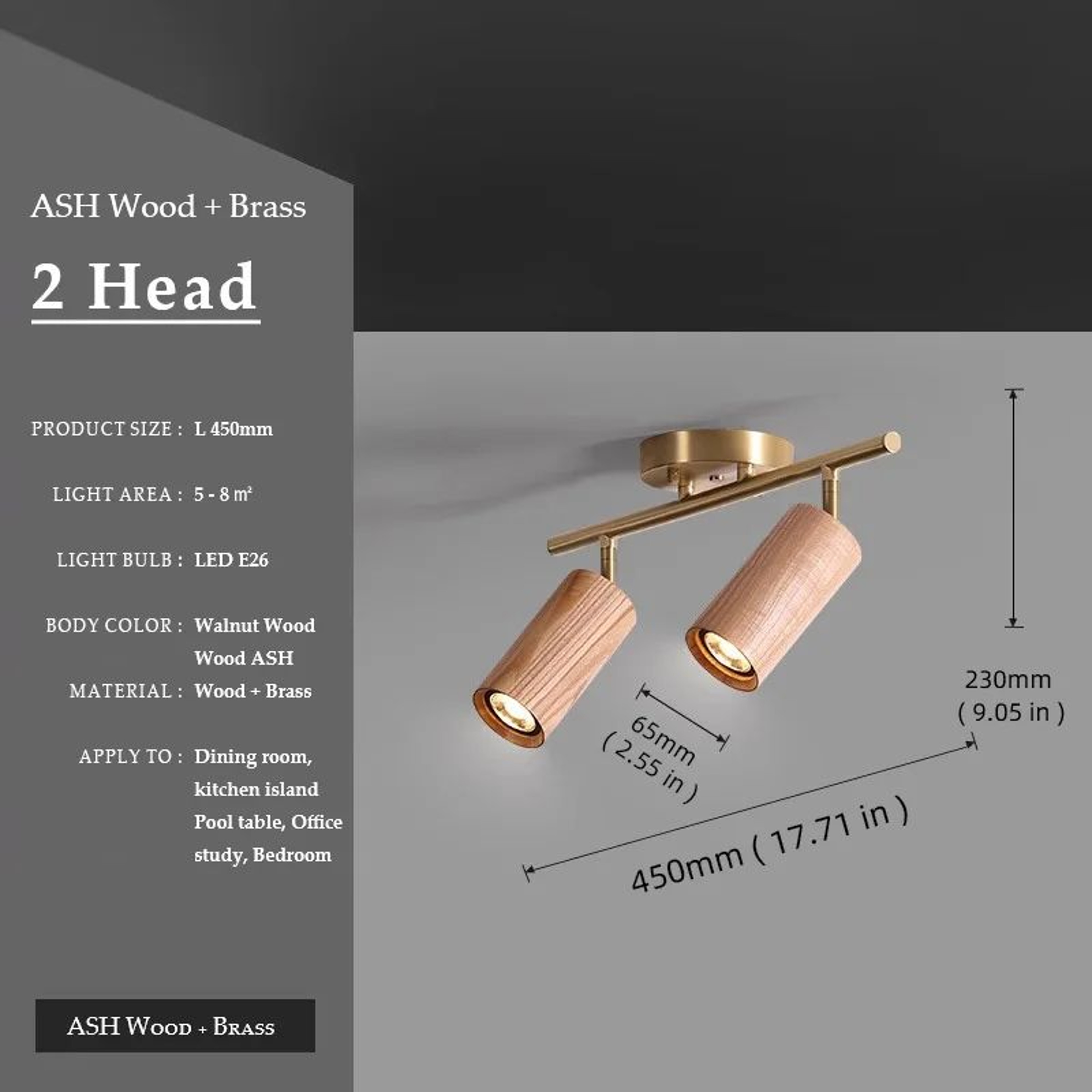 Walnut Wood  Brass Spotlight  LED Ceiling Light Fixture For Living Room Dining Room Kitchen Island  7