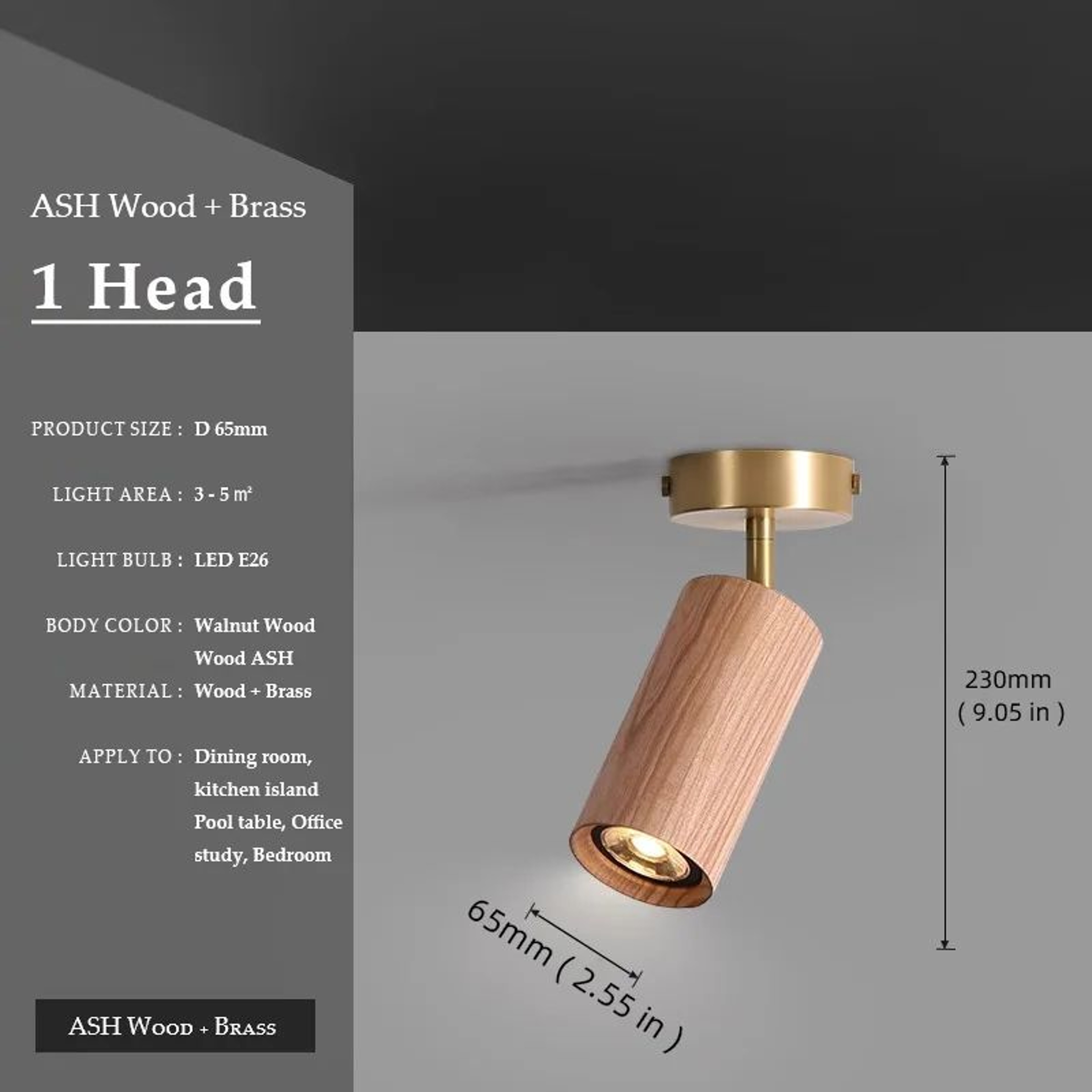 Walnut Wood  Brass Spotlight  LED Ceiling Light Fixture For Living Room Dining Room Kitchen Island  6
