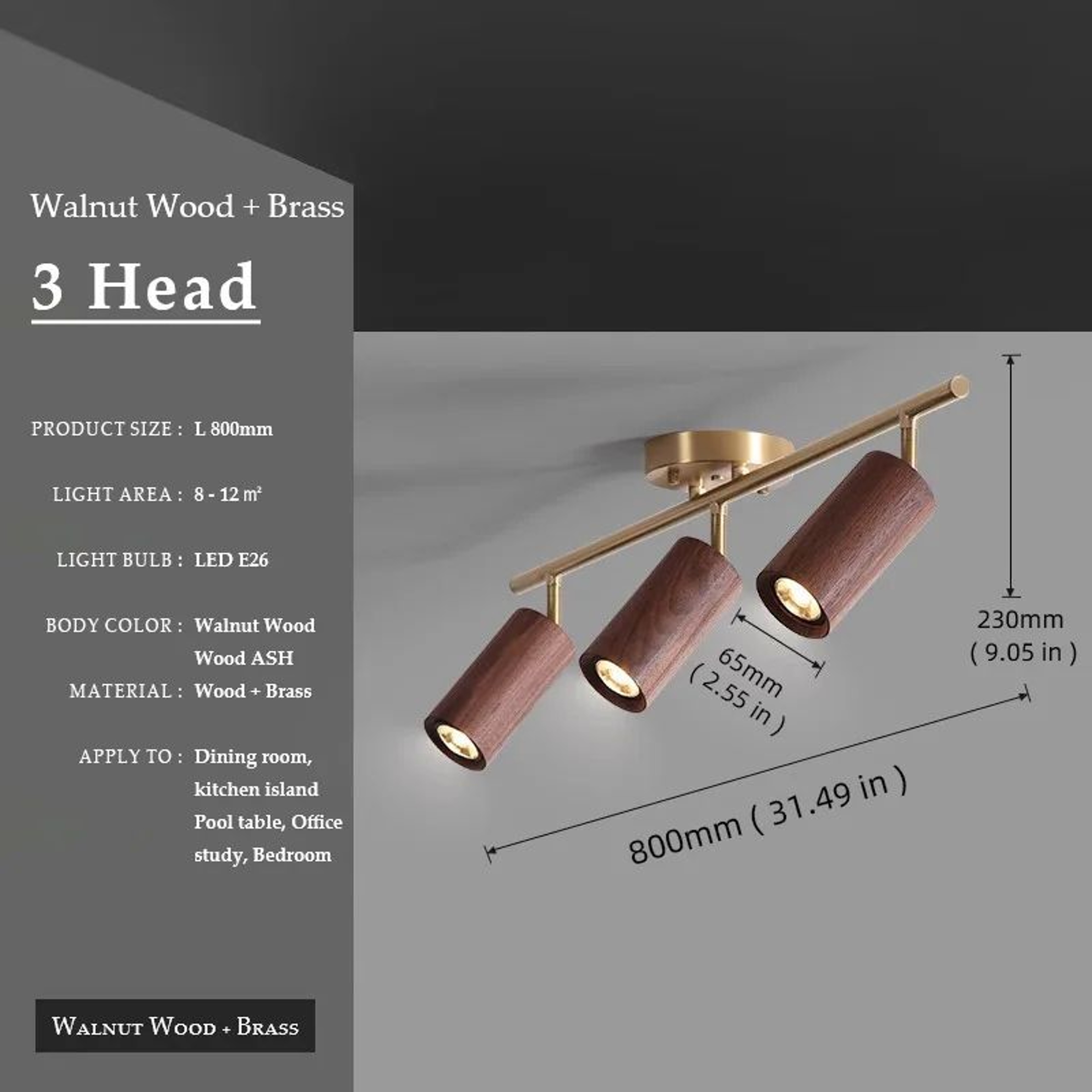 Walnut Wood  Brass Spotlight  LED Ceiling Light Fixture For Living Room Dining Room Kitchen Island  12