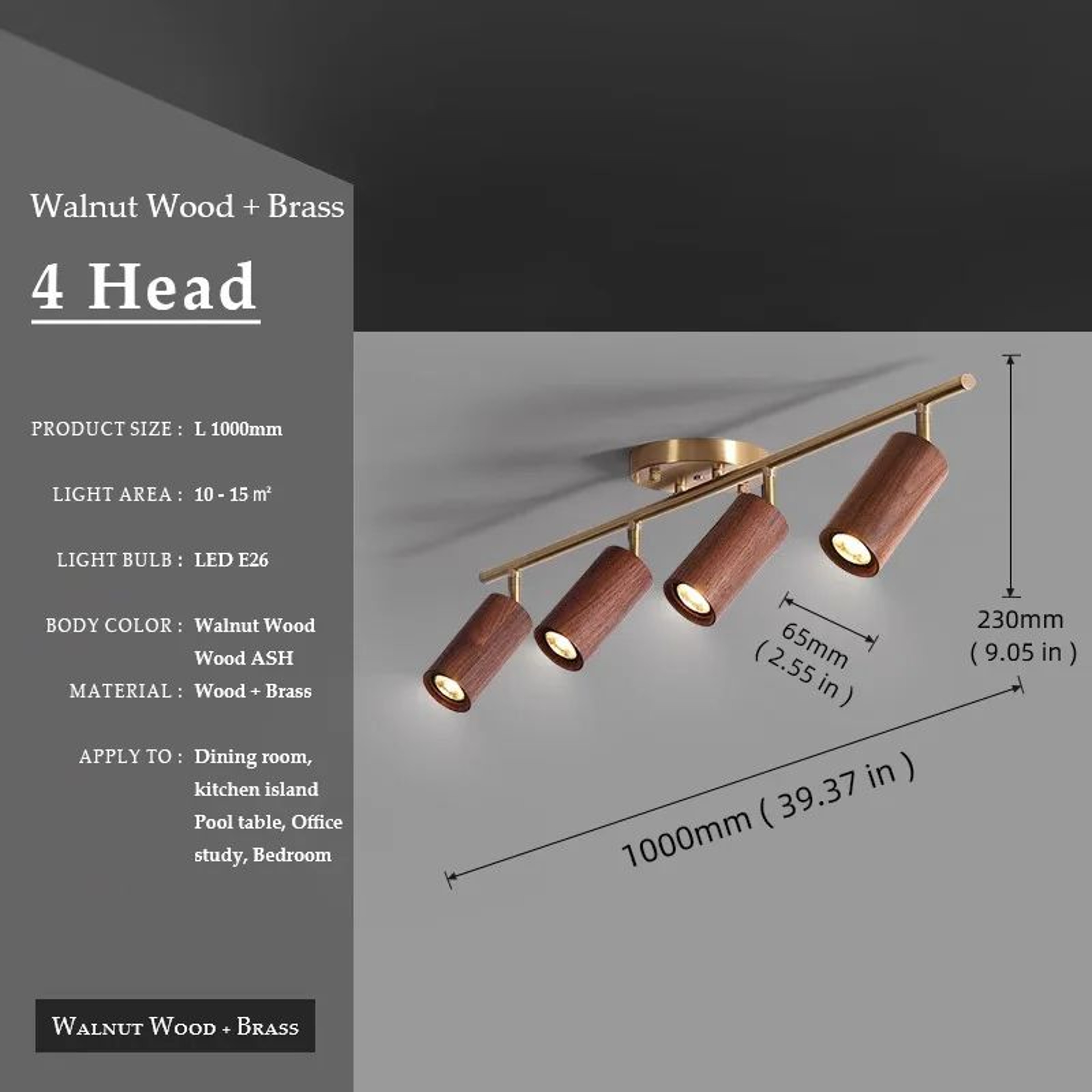 Walnut Wood  Brass Spotlight  LED Ceiling Light Fixture For Living Room Dining Room Kitchen Island  13