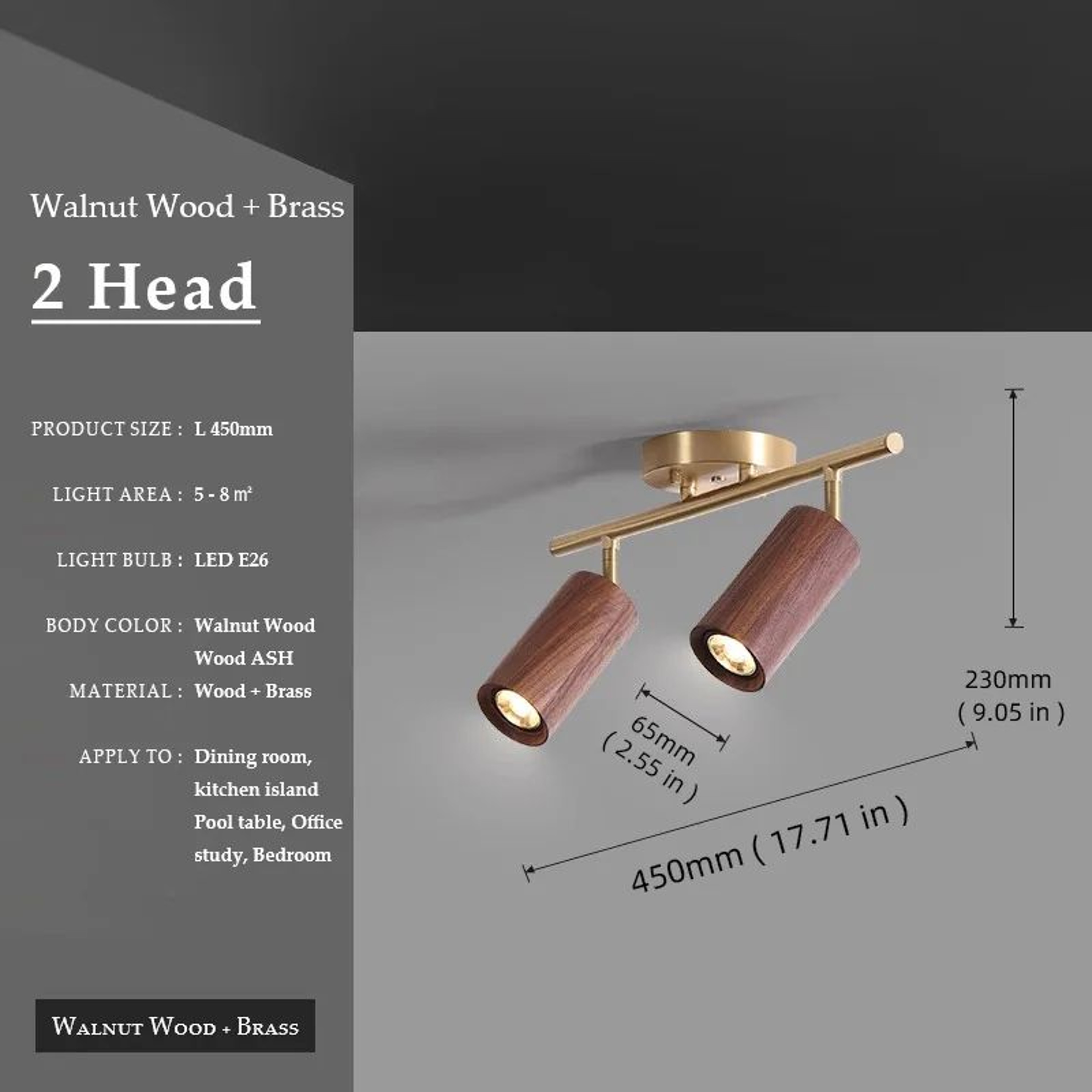 Walnut Wood  Brass Spotlight  LED Ceiling Light Fixture For Living Room Dining Room Kitchen Island  11