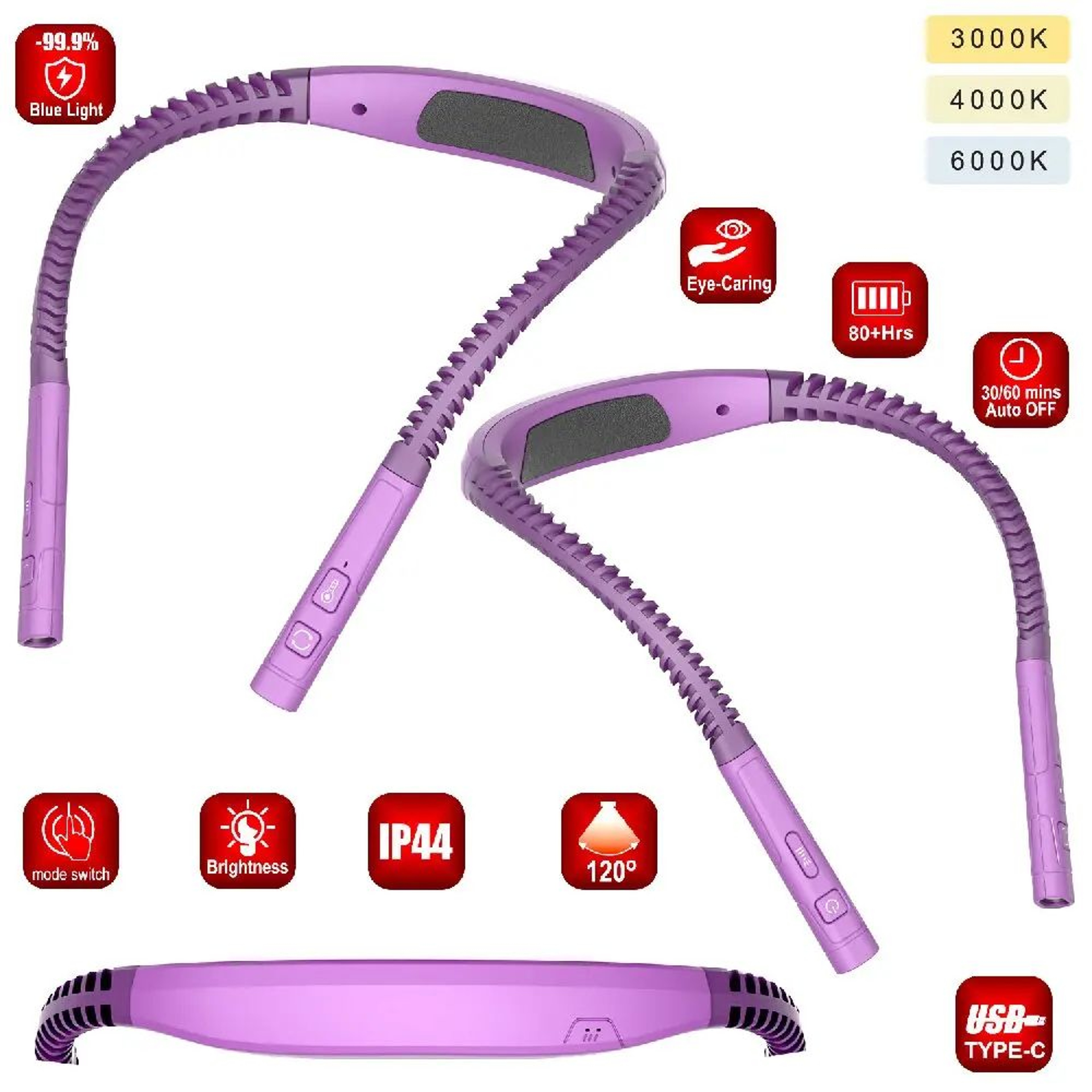 Neck Reading Light  USB Rechargeable Book Lamp With Flexible Arms 3 Light Colors And 3 Brightness L 2