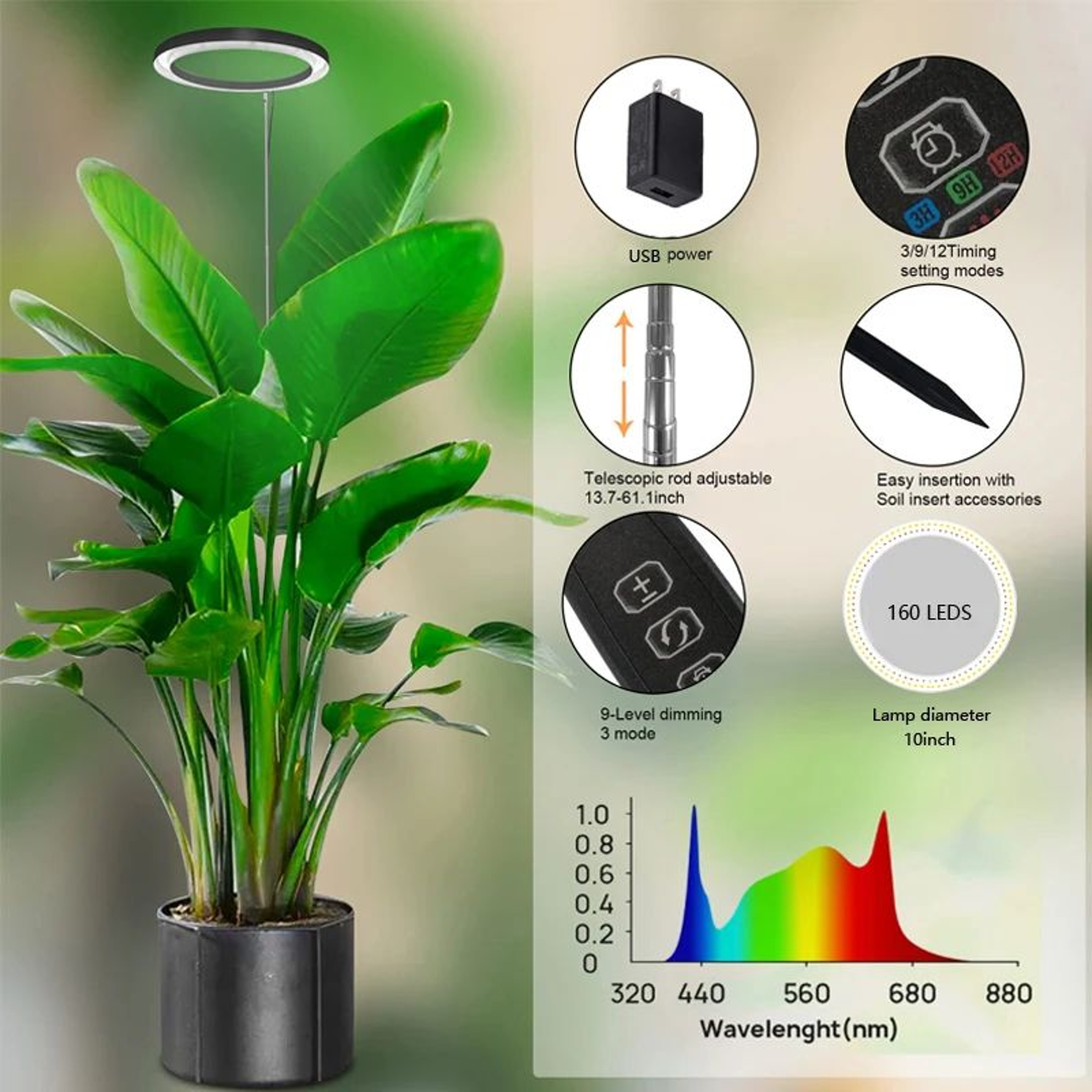 10in LED Ring Grow Light  Full Spectrum Height Adjustable Plant Lamp With Daily Timer  9 Dimming Le 3