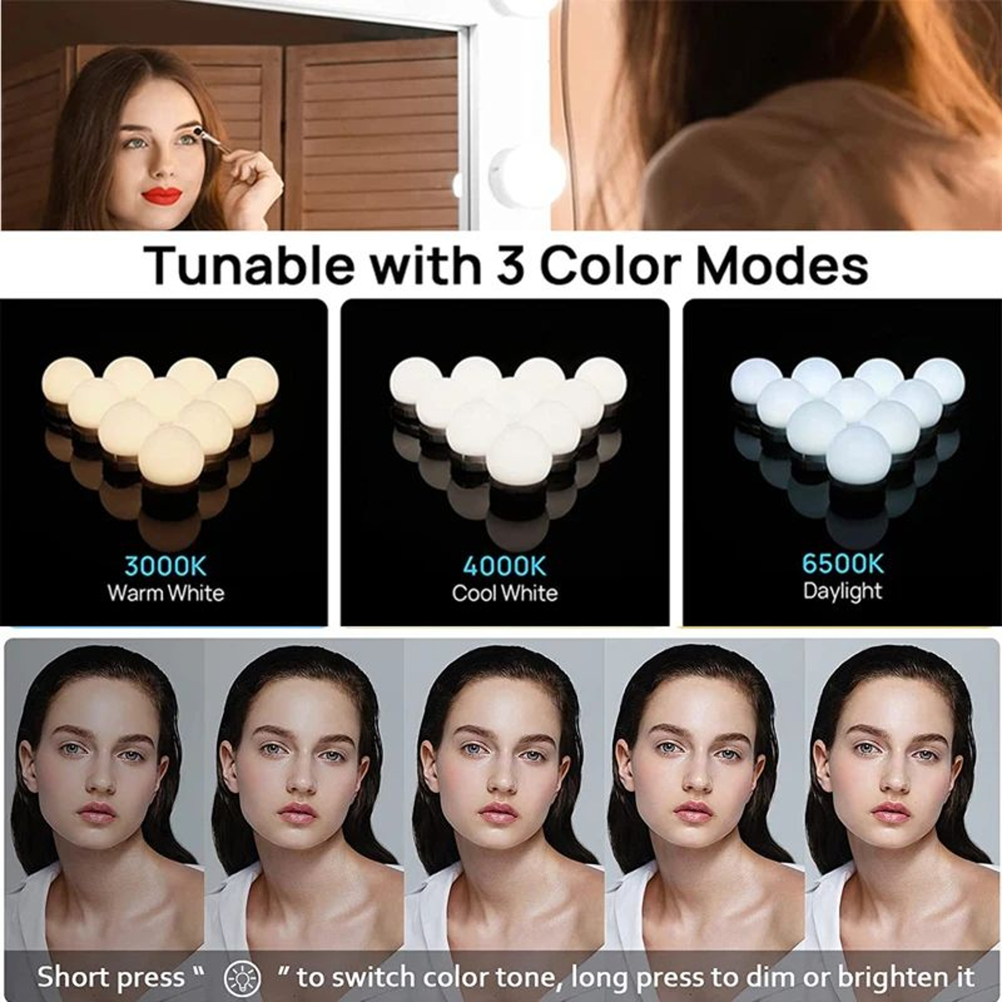 LED Vanity Mirror Lights  Hollywood Style USB Stick On Bulbs With 3 Colors  9 Brightness Levels For 2