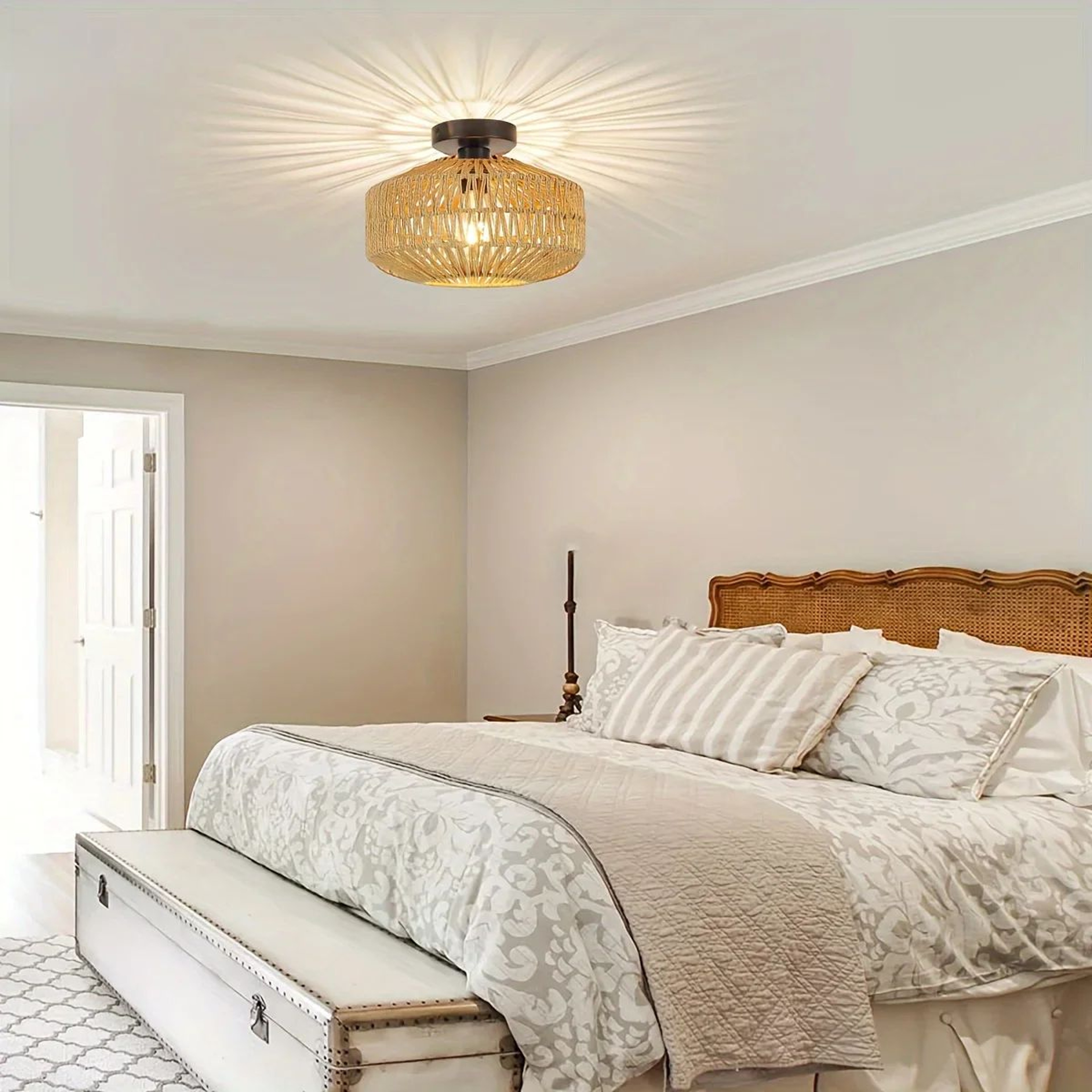 Handwoven Rattan Ceiling Lamp  Rustic Semi Flush Mount Chandelier For Bedroom Living Room Kitchen A 2