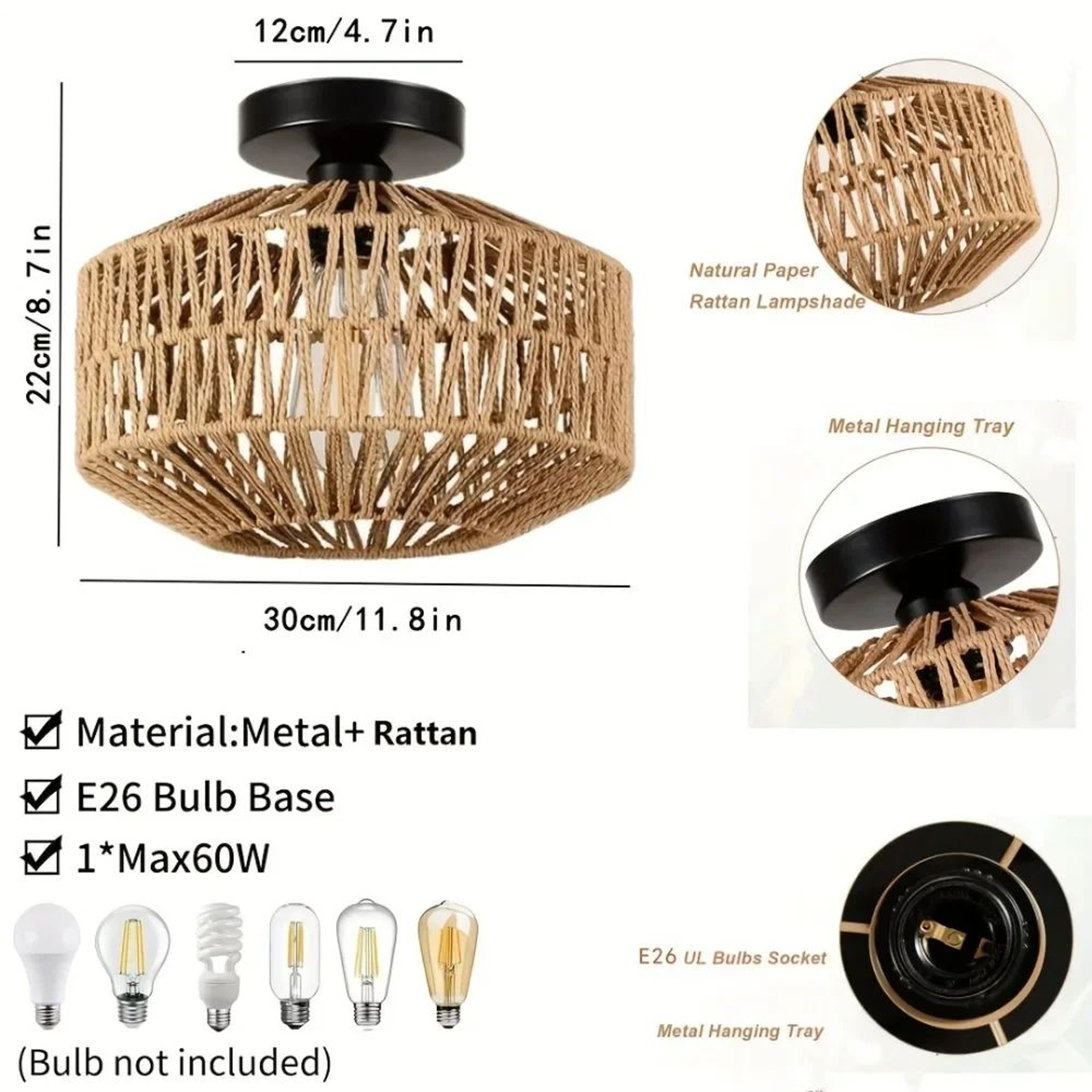 Handwoven Rattan Ceiling Lamp  Rustic Semi Flush Mount Chandelier For Bedroom Living Room Kitchen A 12
