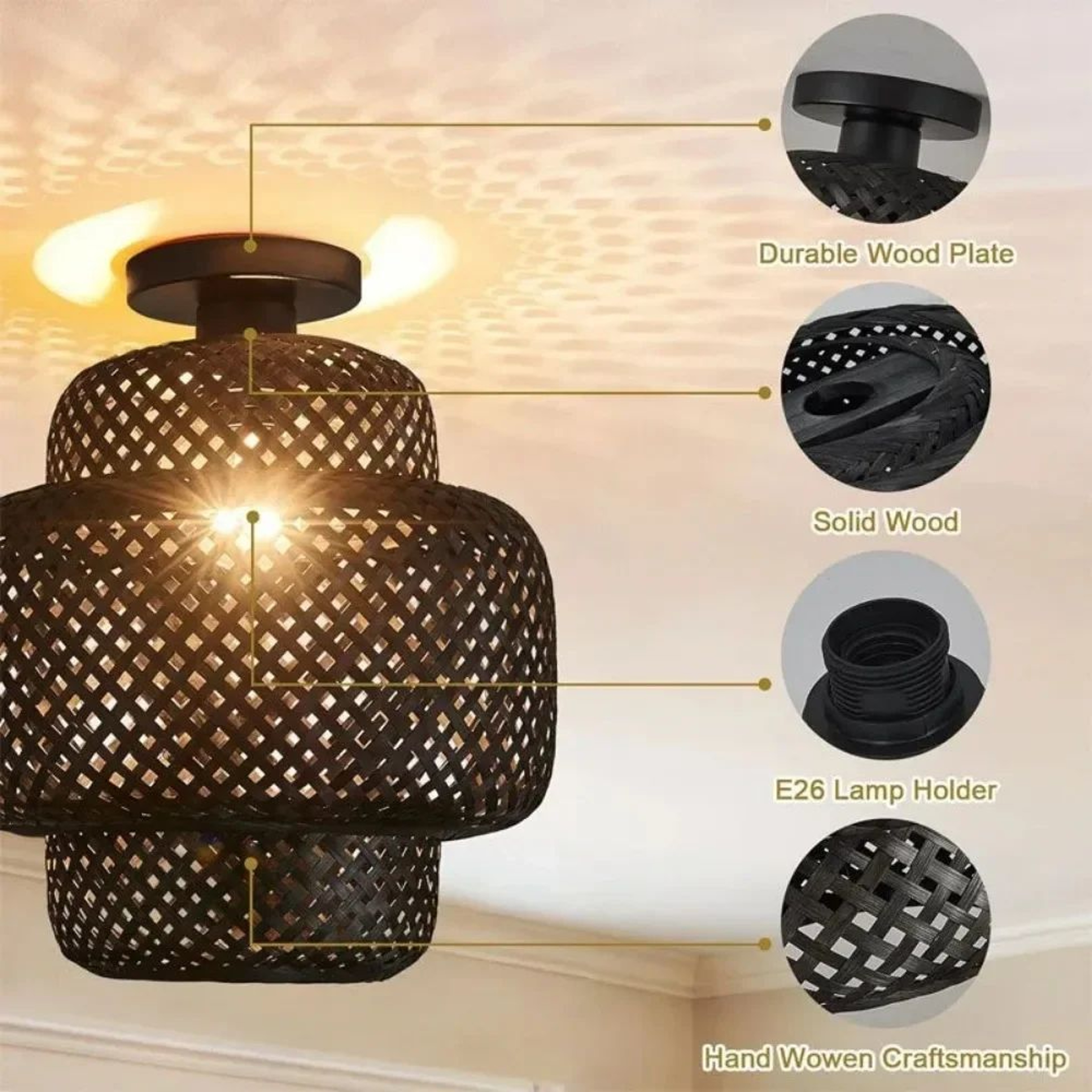 Handwoven Rattan Ceiling Lamp  Rustic Semi Flush Mount Chandelier For Bedroom Living Room Kitchen A 8