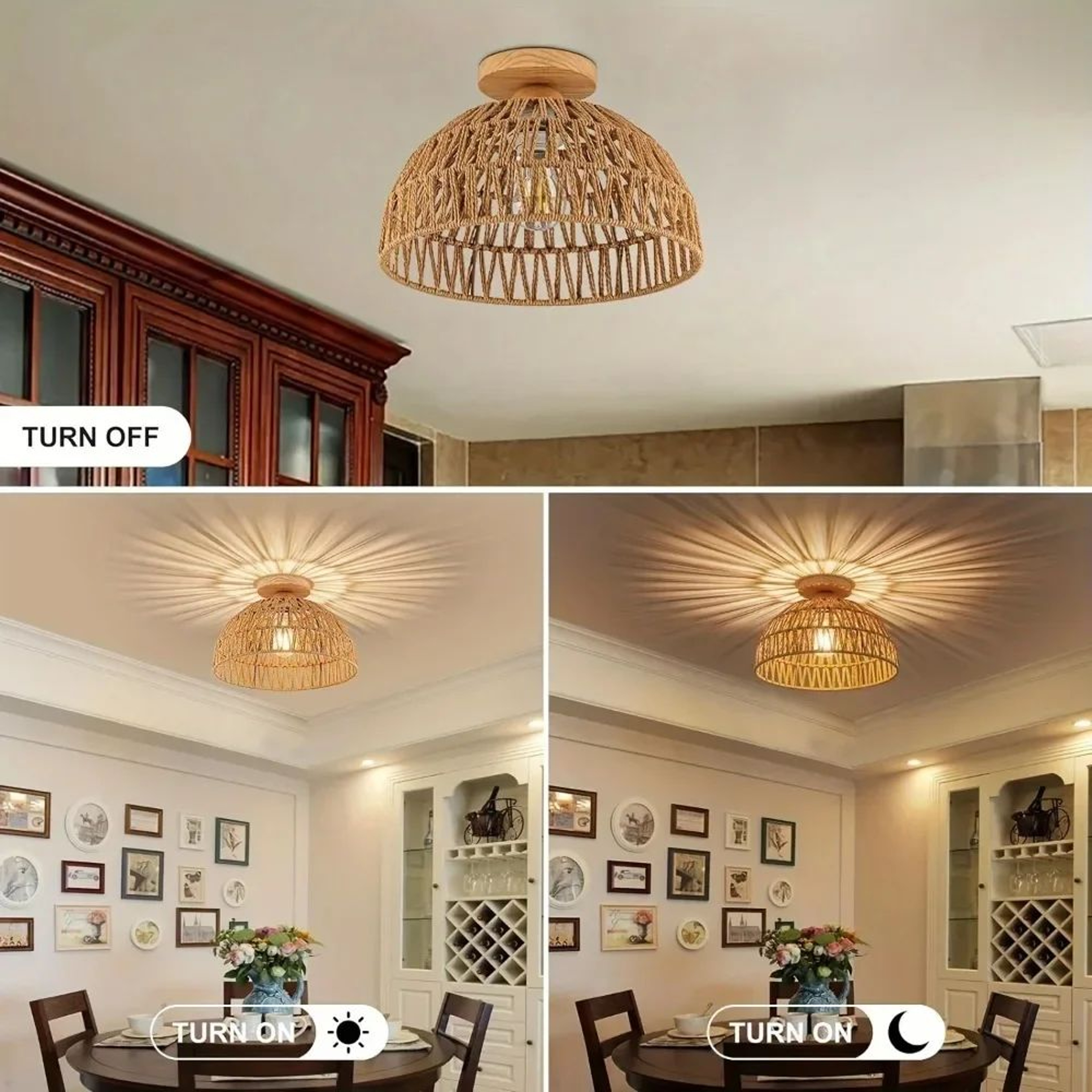 Handwoven Rattan Ceiling Lamp  Rustic Semi Flush Mount Chandelier For Bedroom Living Room Kitchen A 6