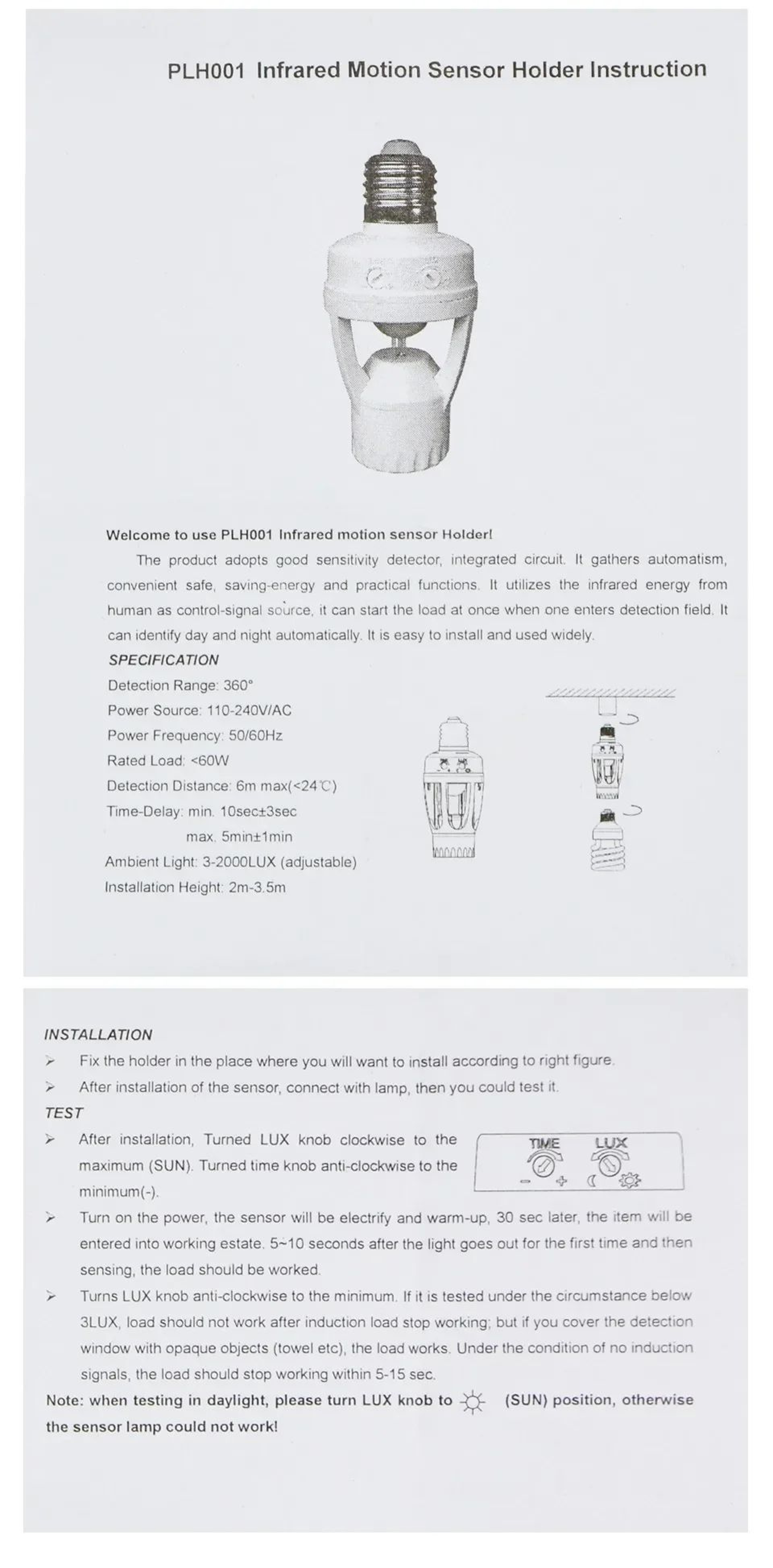 E27 PIR Motion Sensor Lamp Holder  360 Degrees Infrared Bulb Socket With Adjustable Timer  Day Nigh