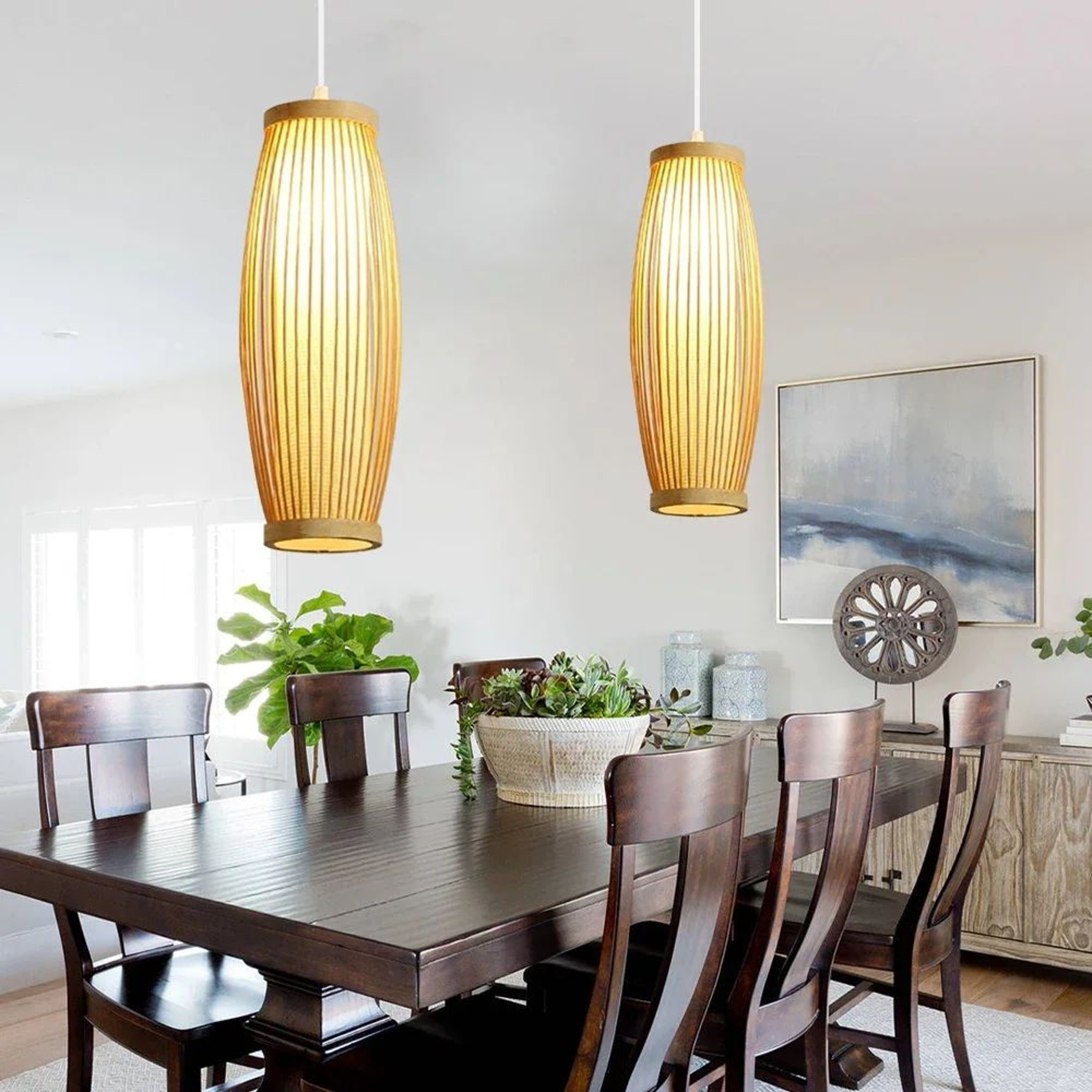 Handwoven Bamboo Pendant Light  Chinese Wicker Rattan Look Hanging Lamp For Restaurant Bedroom Stud 2