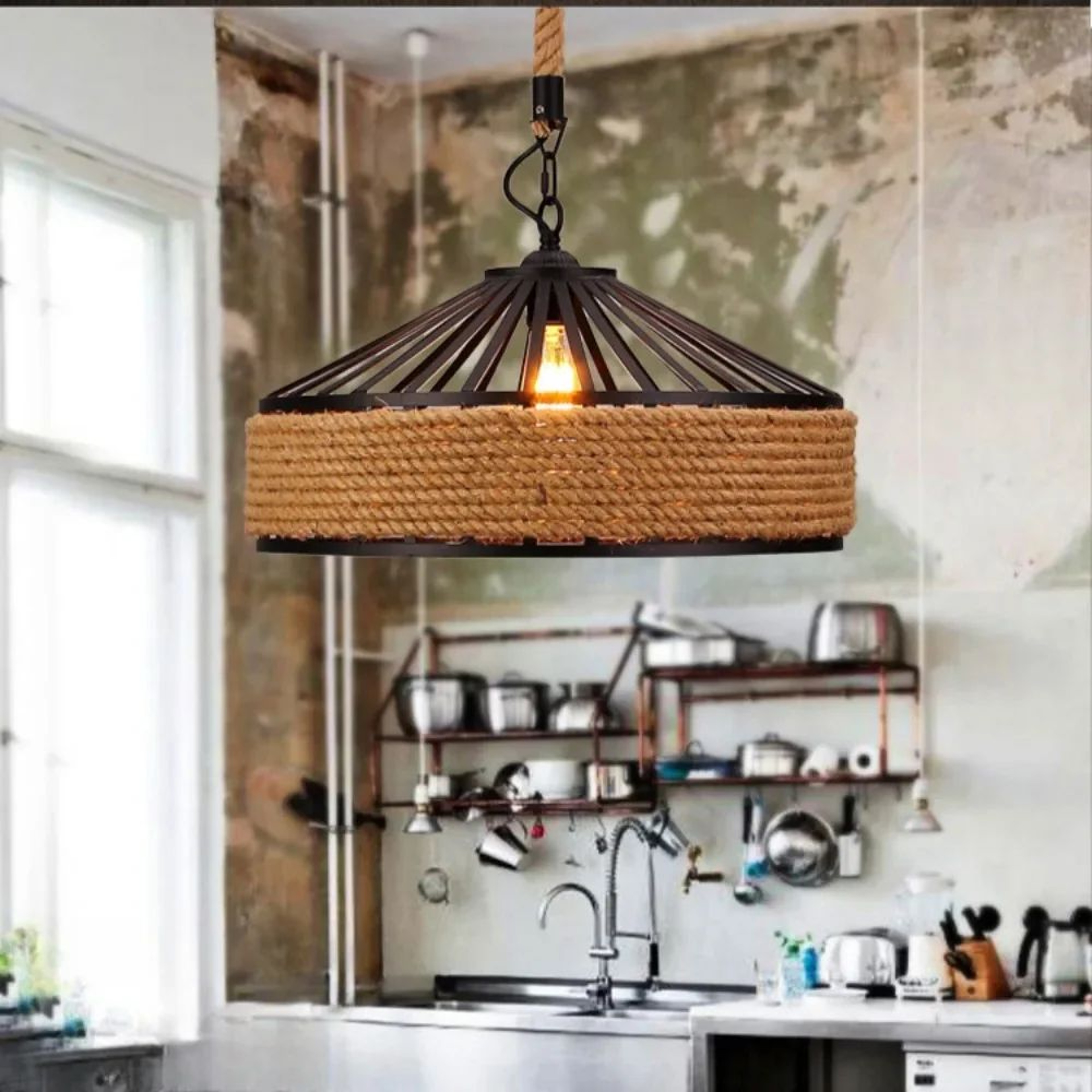 Retro Hemp Rope Pendant Light  Iron E27 Hanging Lamp In 1181 Or 1575 In For Restaurant Kitchen And