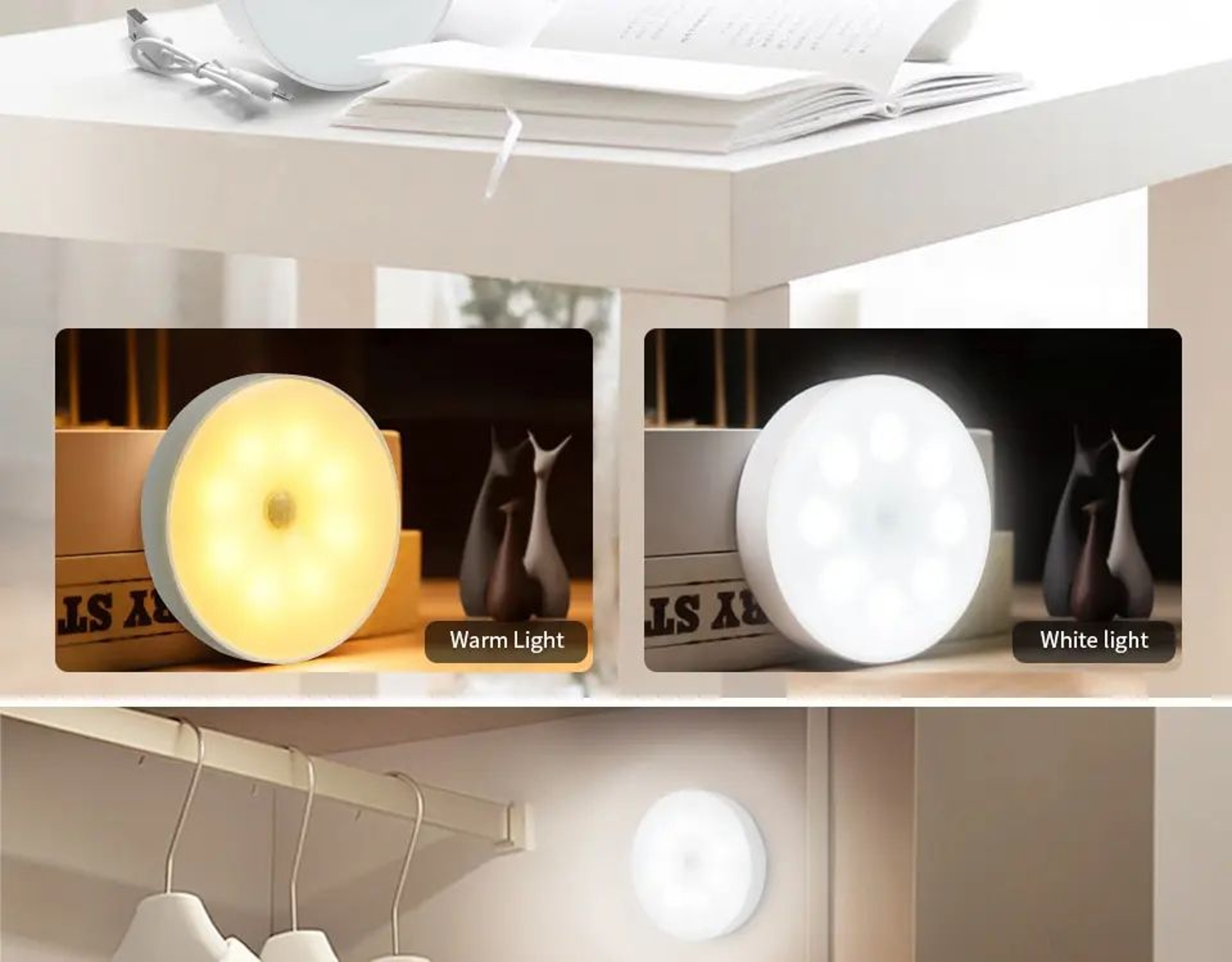 Rechargeable LED Motion Sensor Light  USB Puck Lamp For Under Cabinet Closet Wardrobe Kitchen Stair 6