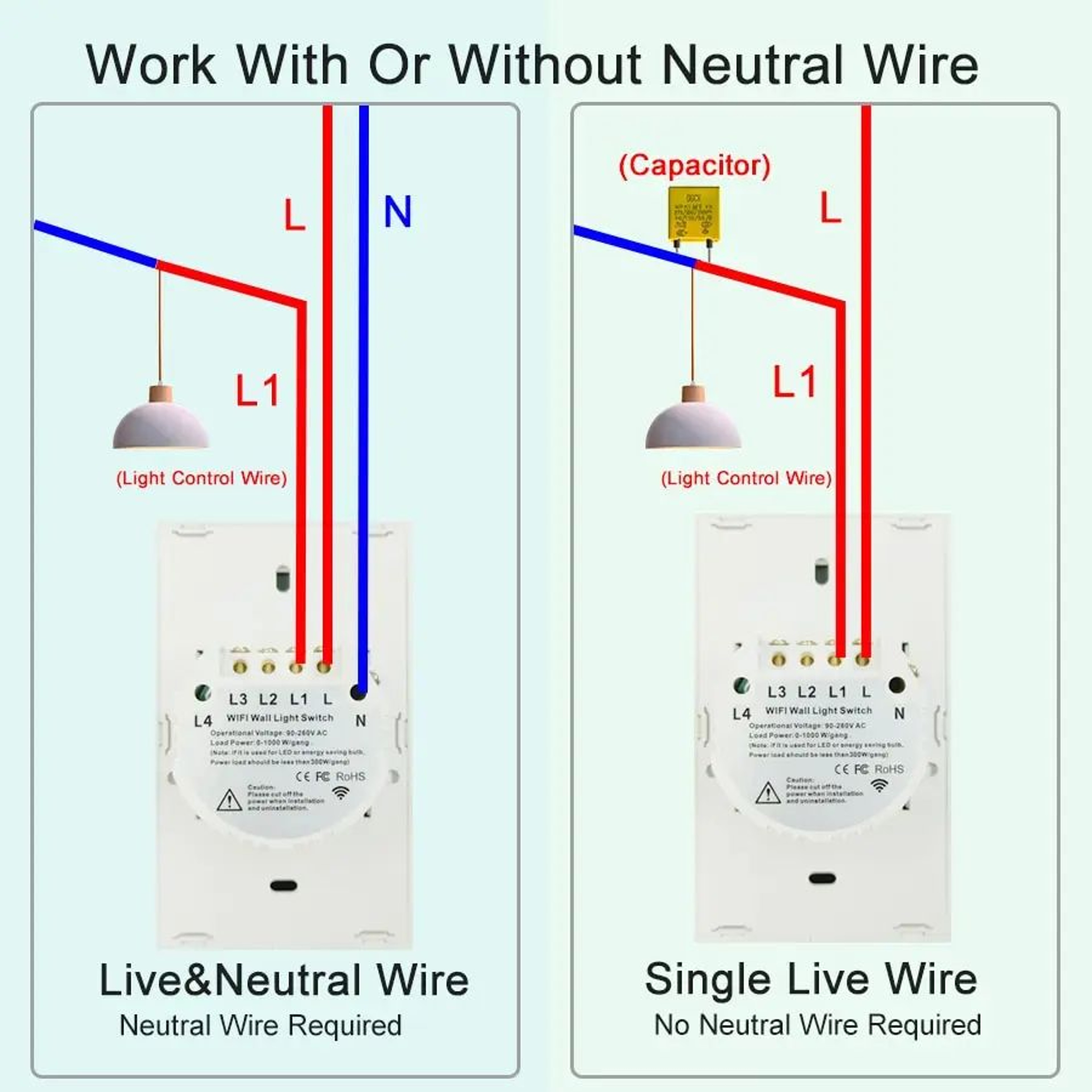 WiFi Smart Touch Light Switch  US Standard No Neutral Wall Switch With Voice App  433MHz RF Control 5