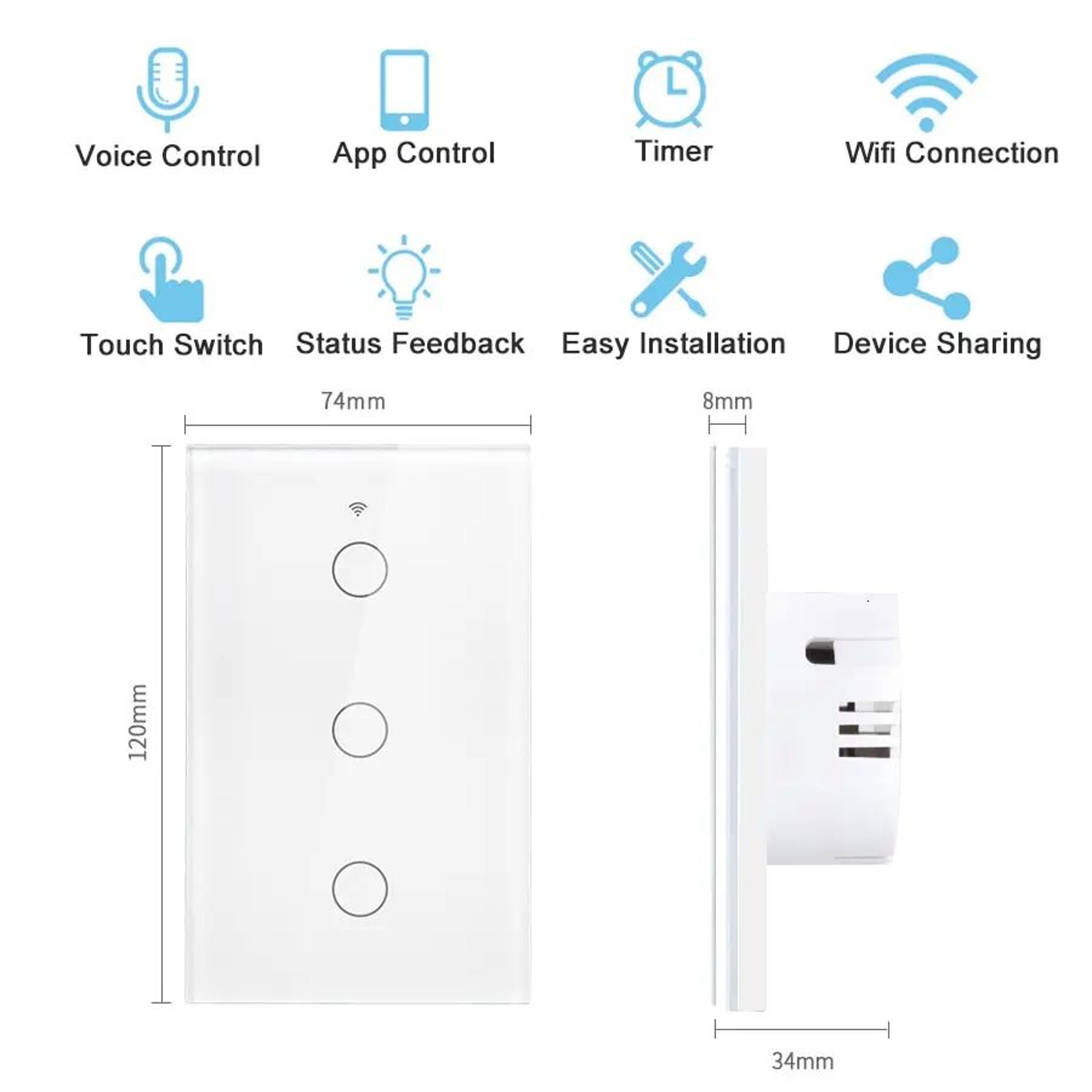 WiFi Smart Touch Light Switch  US Standard No Neutral Wall Switch With Voice App  433MHz RF Control 4