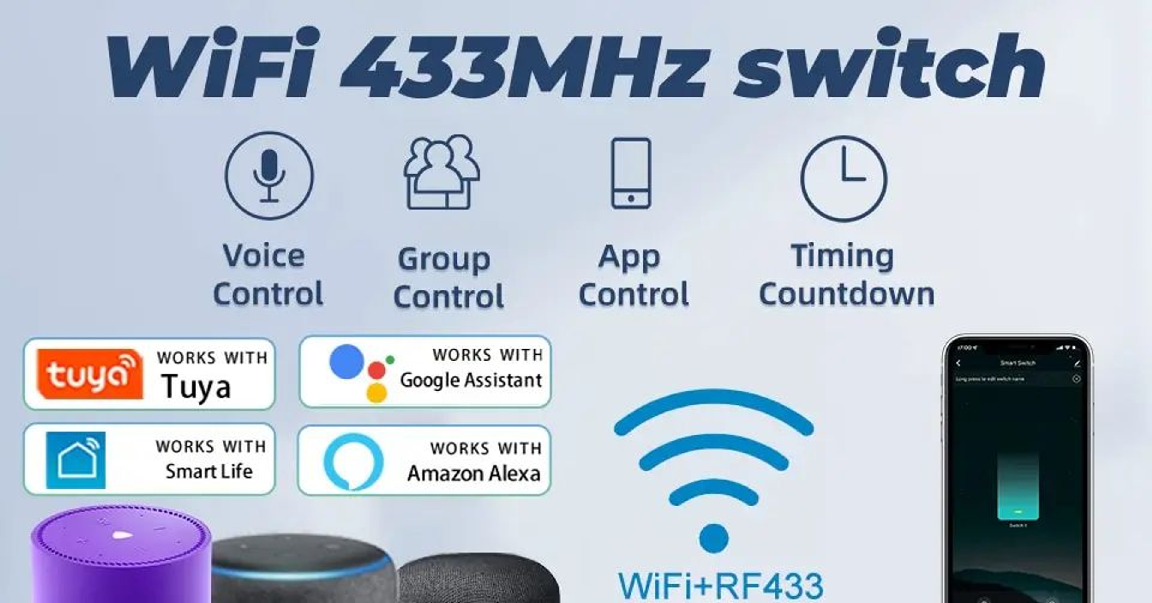 WiFi Smart Touch Light Switch  US Standard No Neutral Wall Switch With Voice App  433MHz RF Control 9