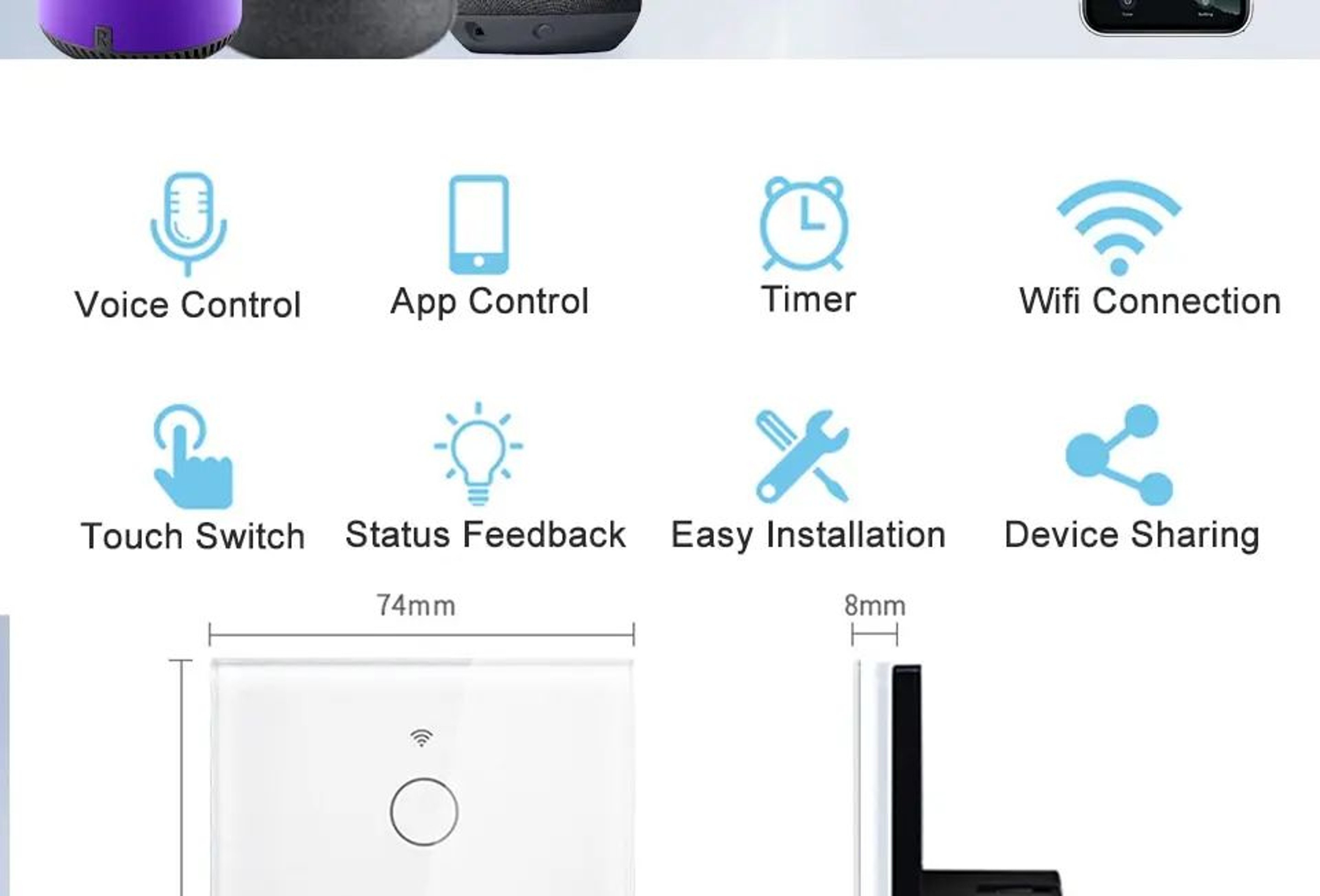 WiFi Smart Touch Light Switch  US Standard No Neutral Wall Switch With Voice App  433MHz RF Control 7